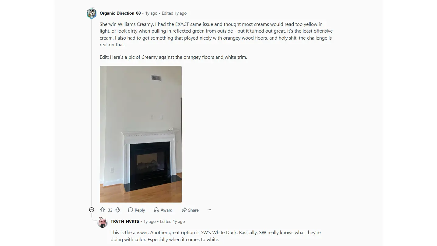 reddit comment screenshot discussing sherwin williams creamy and white duck as warm white paint options