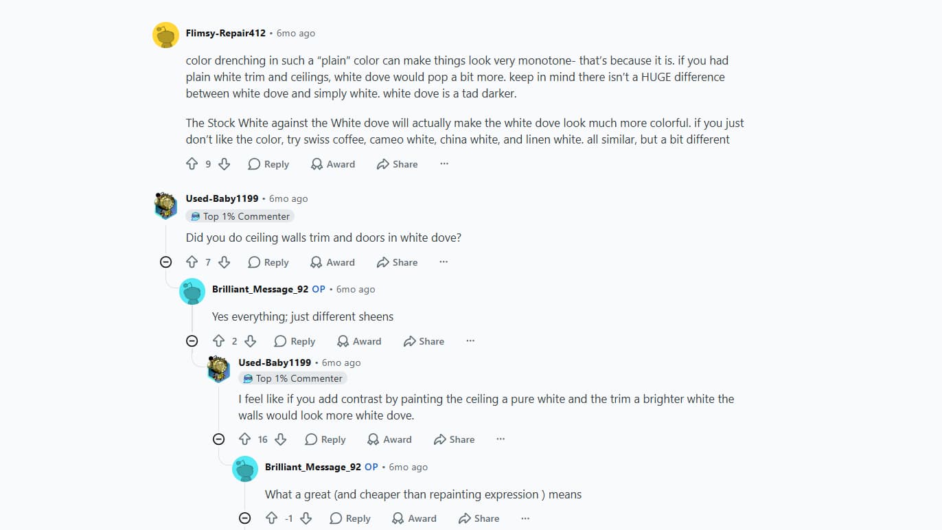 reddit discussion on benjamin moore white dove with users sharing trim ceiling lighting and white paint color advice