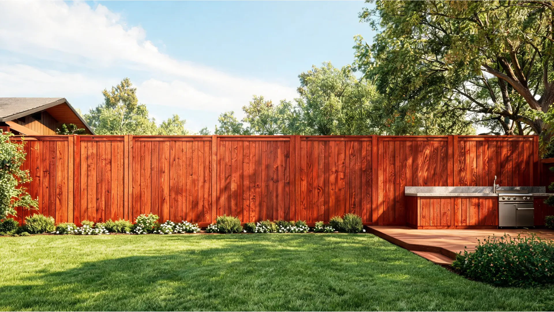 redwood or cedar privacy fence with warm wood tones beside a patio and trees in a polished backyard setting