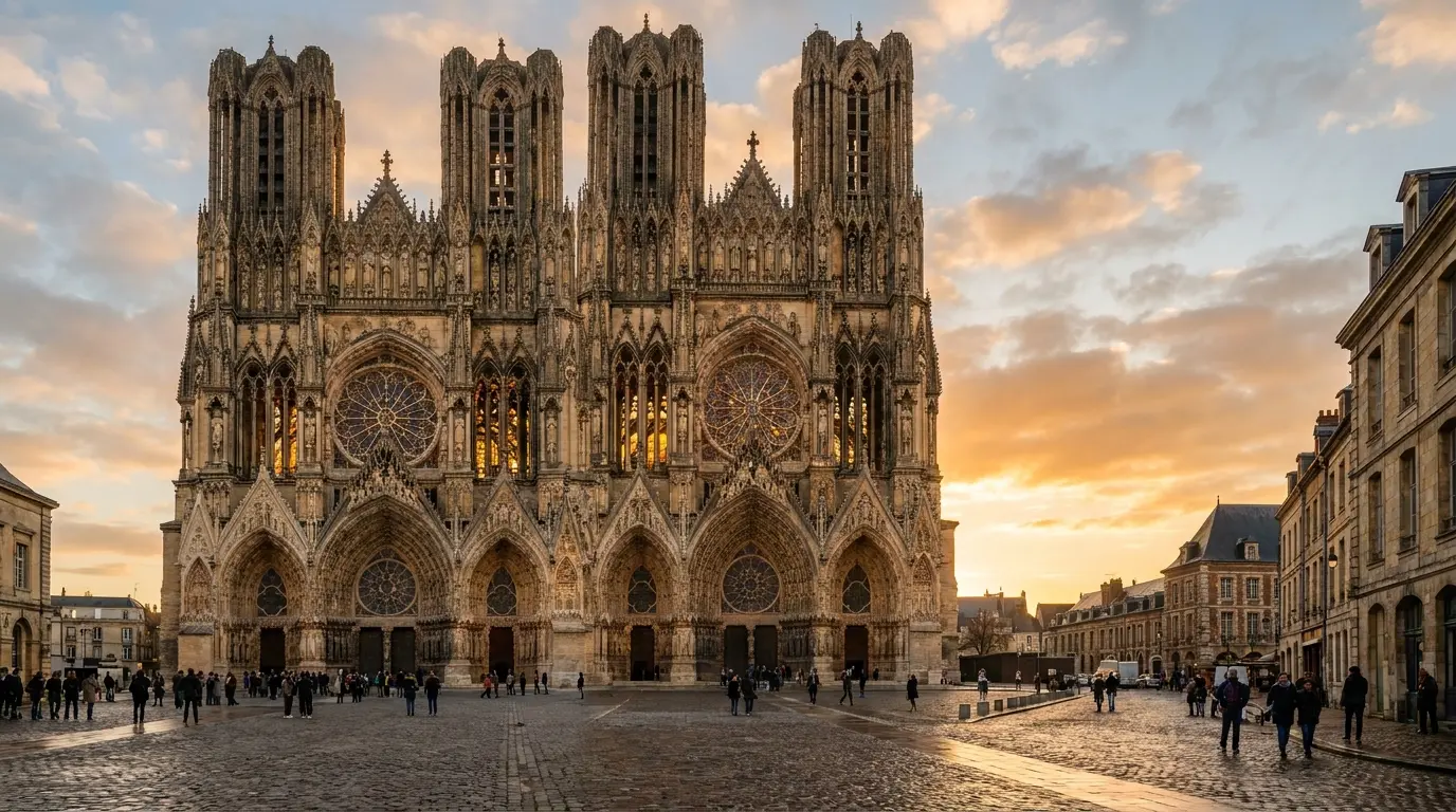 reims cathedral gothic facade with sculpted portals towers and warm stained glass
