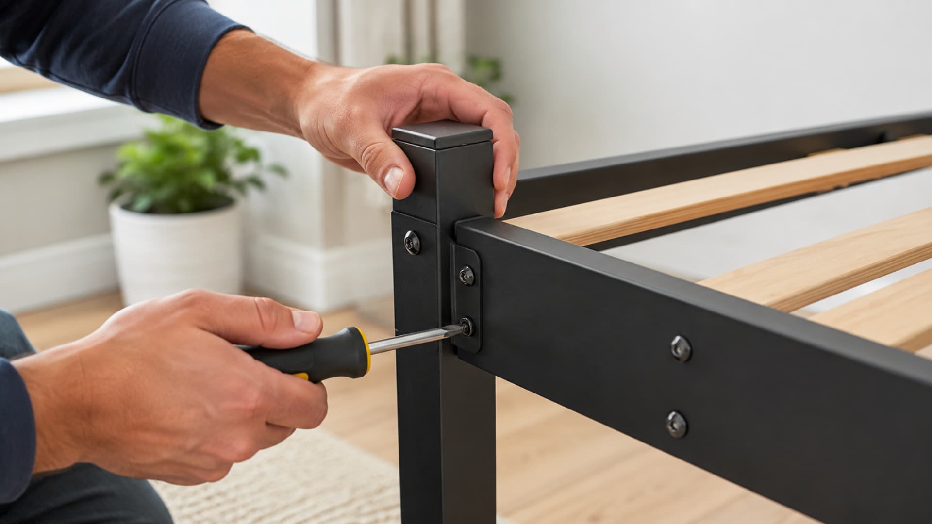 close up of hands tightening a screw on a black metal bed frame corner with wooden slats