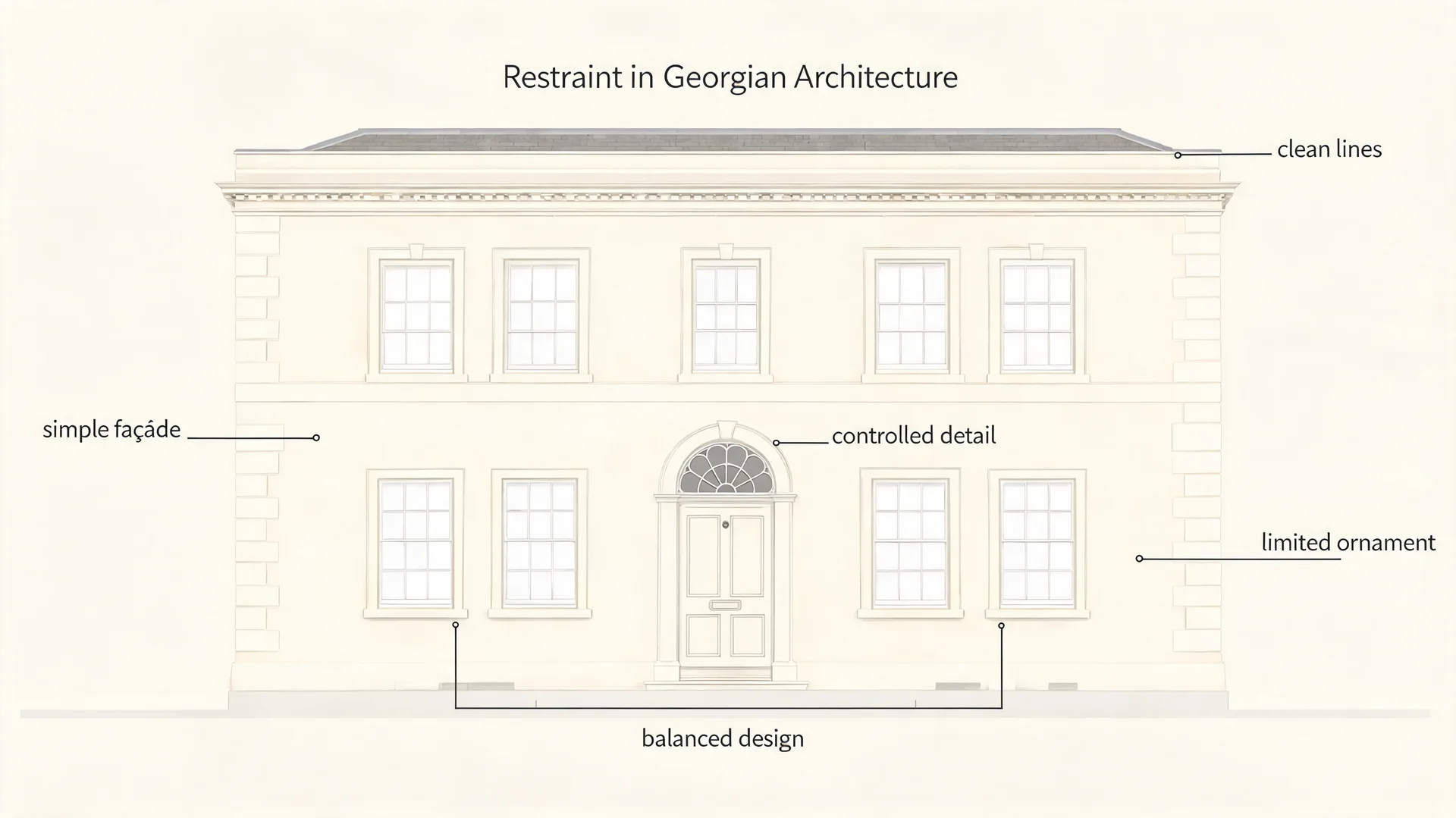 Restraint diagram of Georgian architecture showing a simple balanced facade with limited ornament and controlled classical detail.