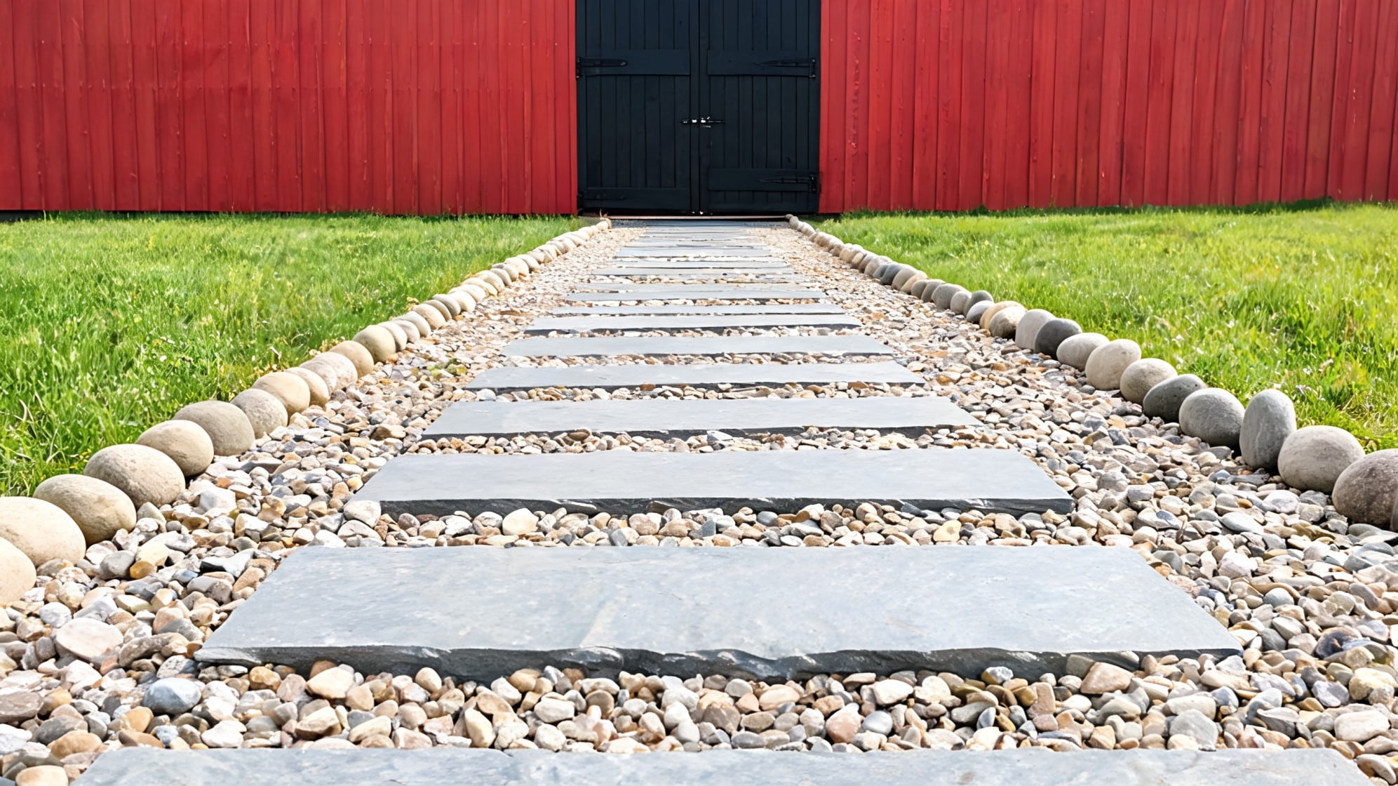 front lawn ideas with river rock path flat stepping stones grass edges and a red barn style entry walk