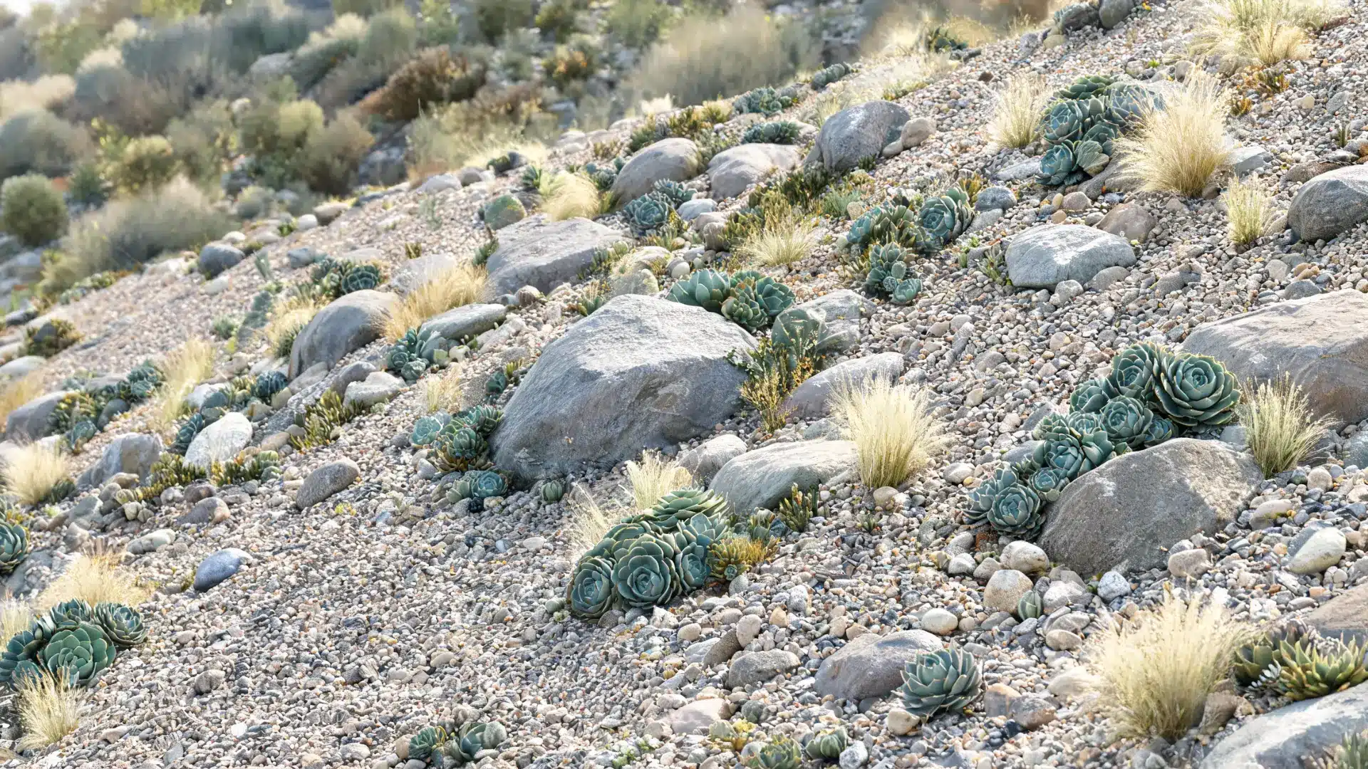 rock garden with layered stones, gravel, and drought-tolerant plants arranged across a sloped yard