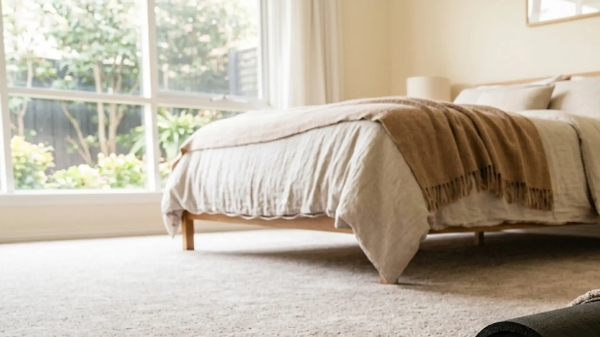 rolled padding and carpet samples on subfloor foreground, fully carpeted bedroom