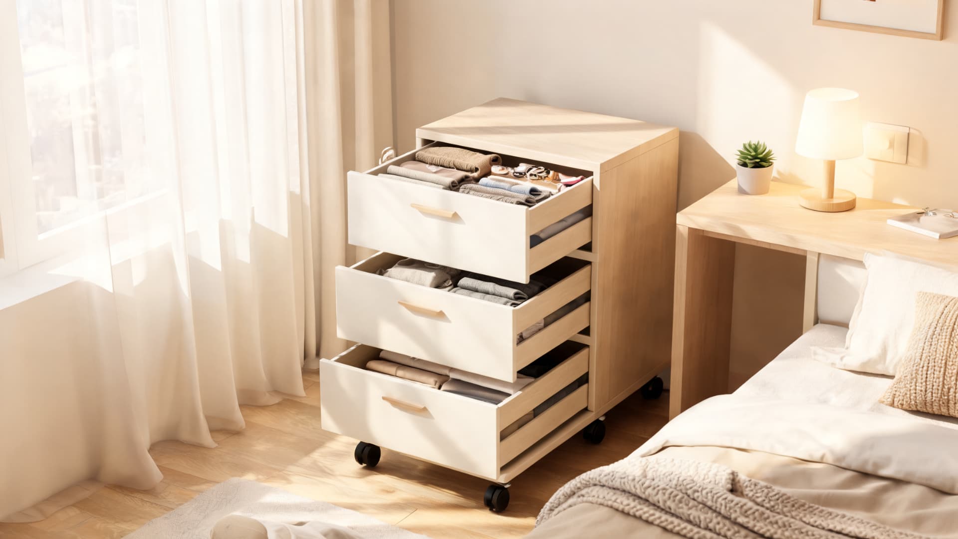 rolling chest dresser with open drawers and wheels beside a modern bedroom desk in warm sunlight