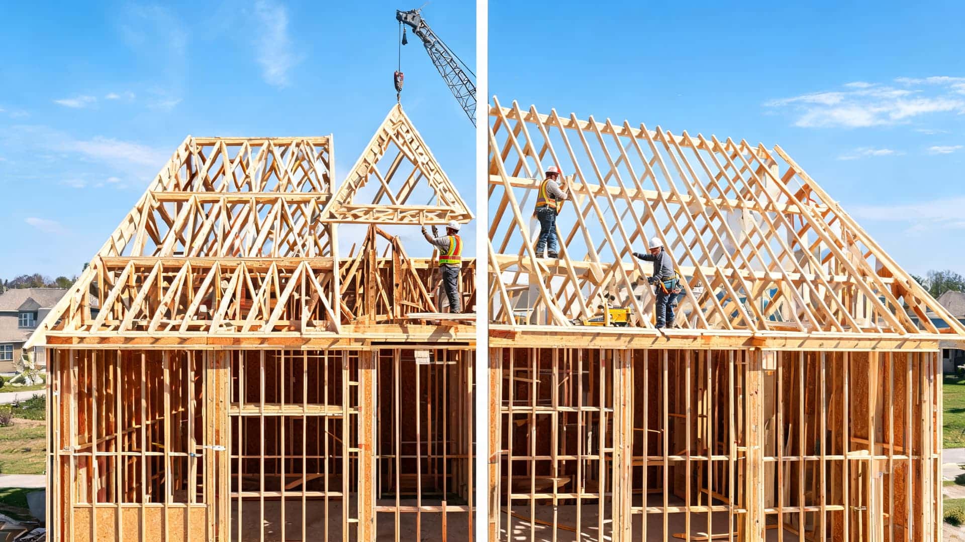 split roof frame showing trusses and rafters during residential home construction with workers and crane