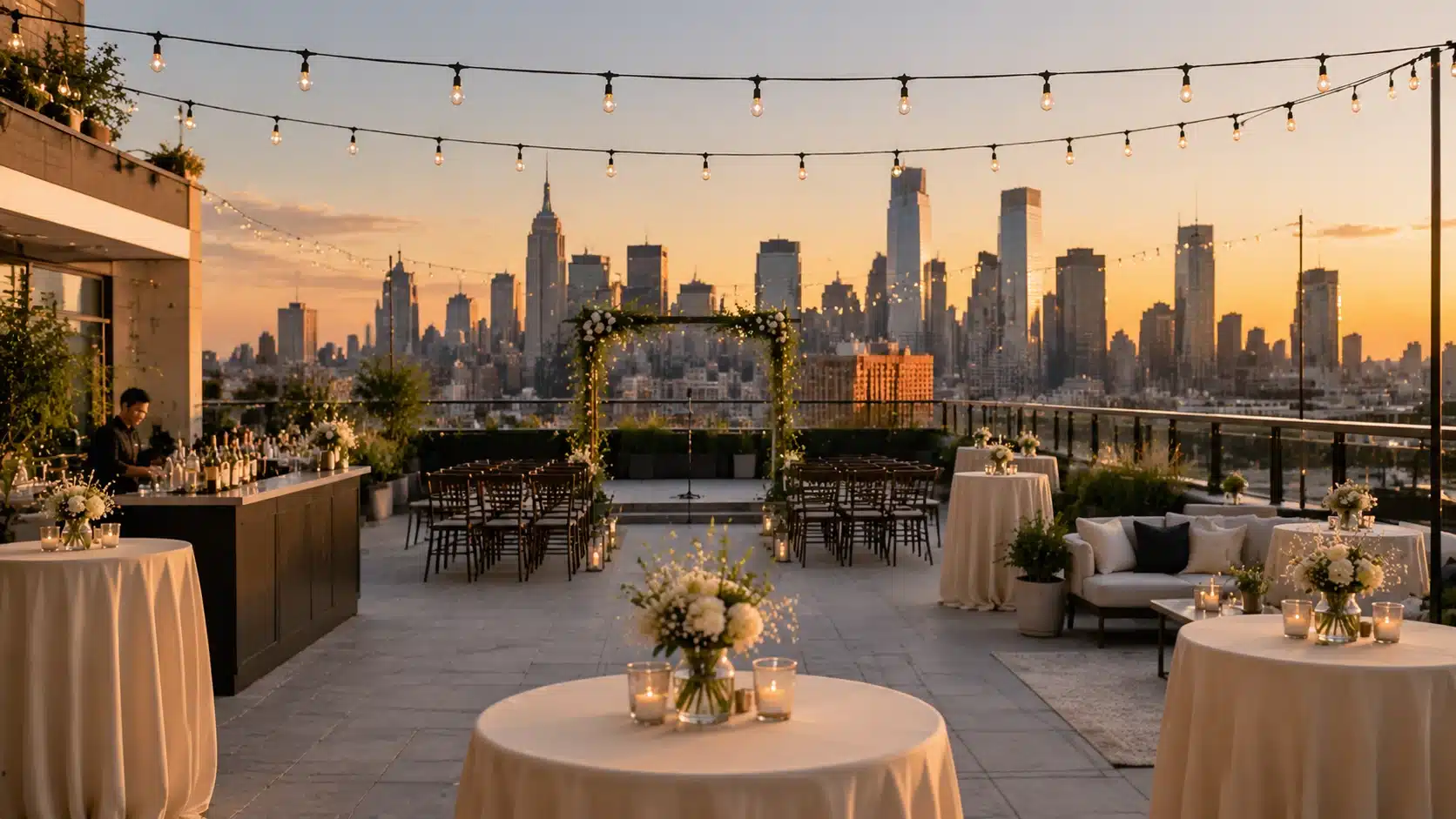 rooftop wedding at sunset, string lights, floral arch, tables with candles and flowers, urban outdoor wedding ideas