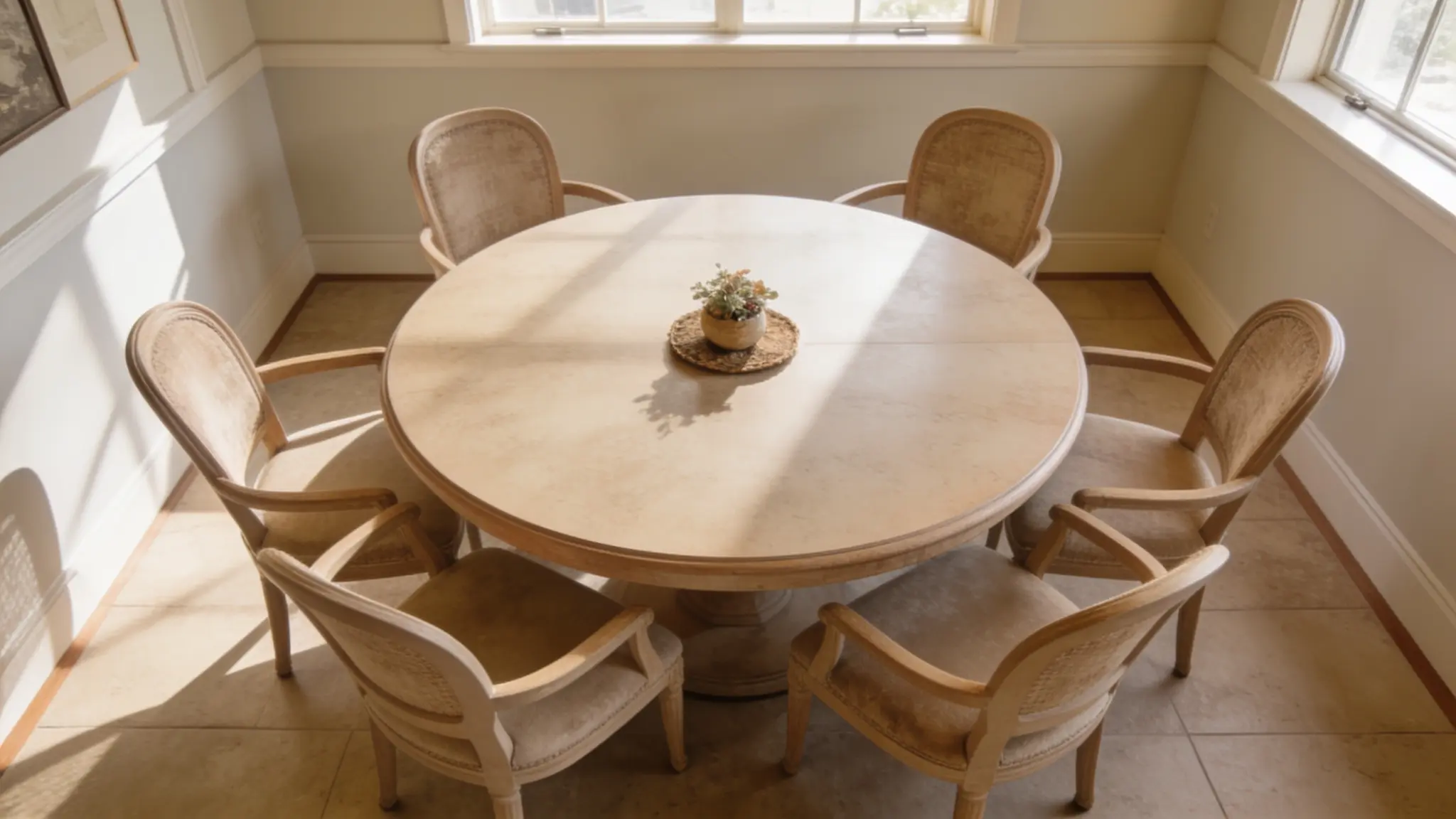 Round dining table in a square breakfast room