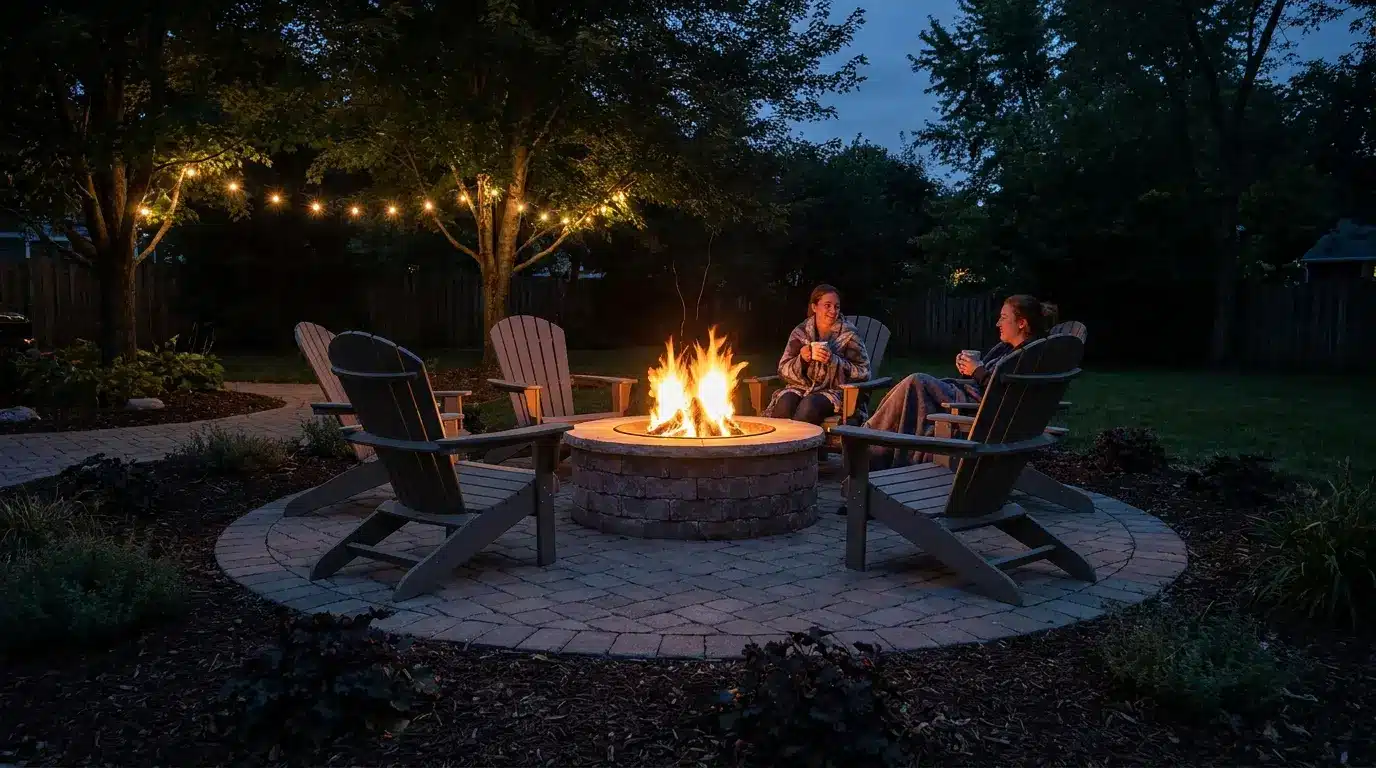 round fire pit with safe stone seating area creating a warm outdoor gathering point after sunset glow