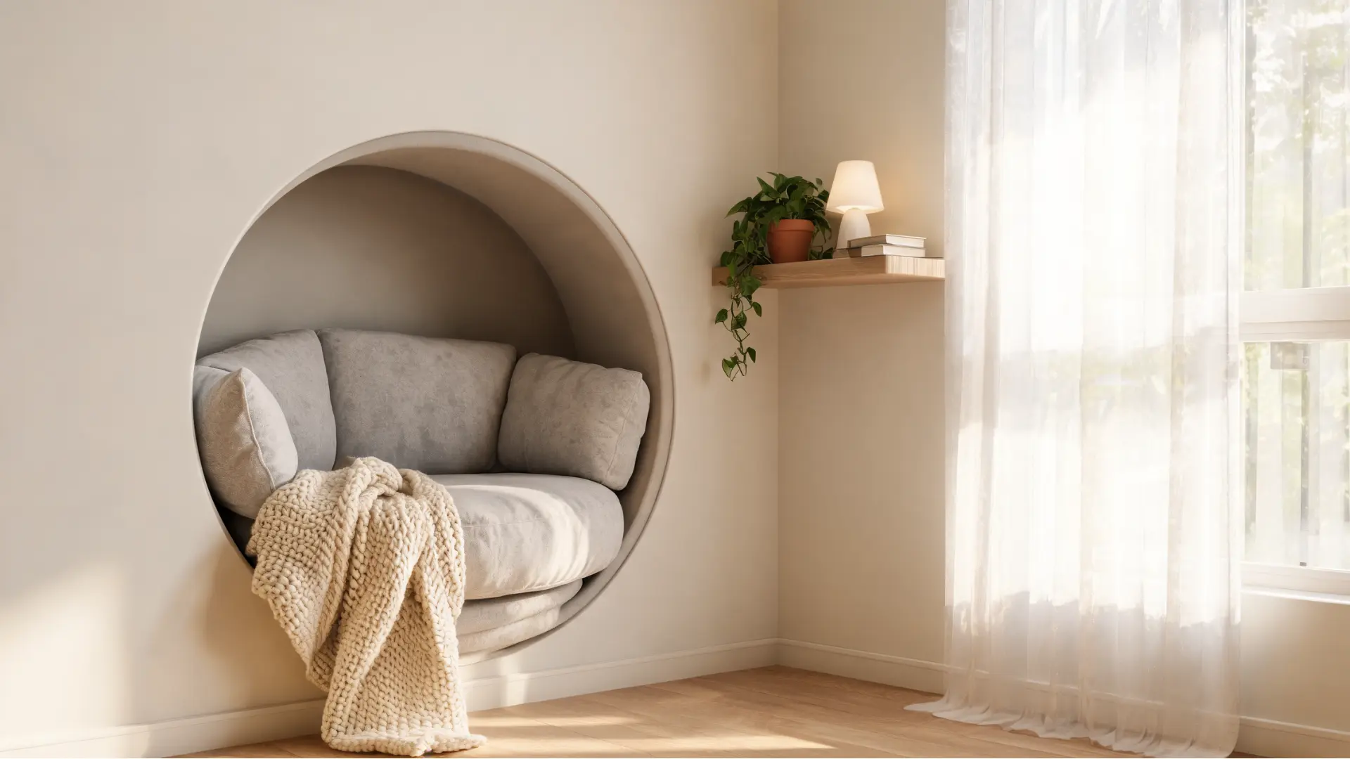 round alcove chair reading nook with cushions throw side table plant and soft natural light