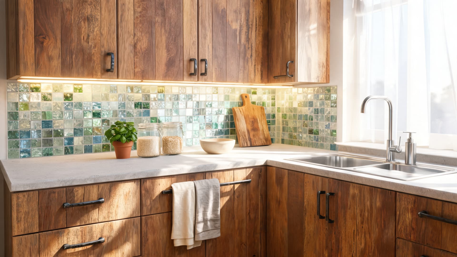 Rustic kitchen with warm wood cabinets, mosaic tile backsplash, sunlit sink, jars, and greenery