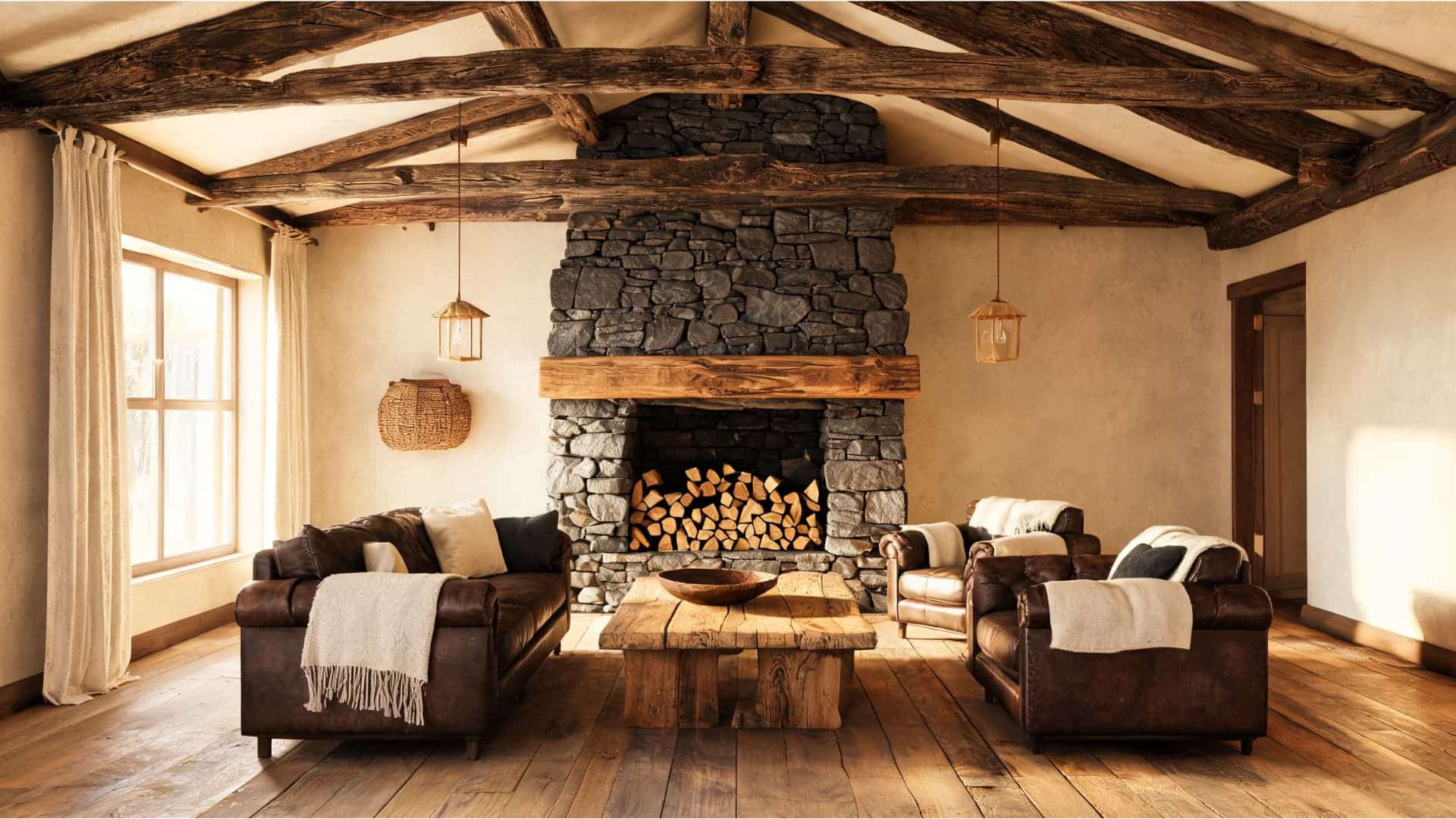 rustic living room with exposed wood beams, stone fireplace, leather seating, and warm earthy textures