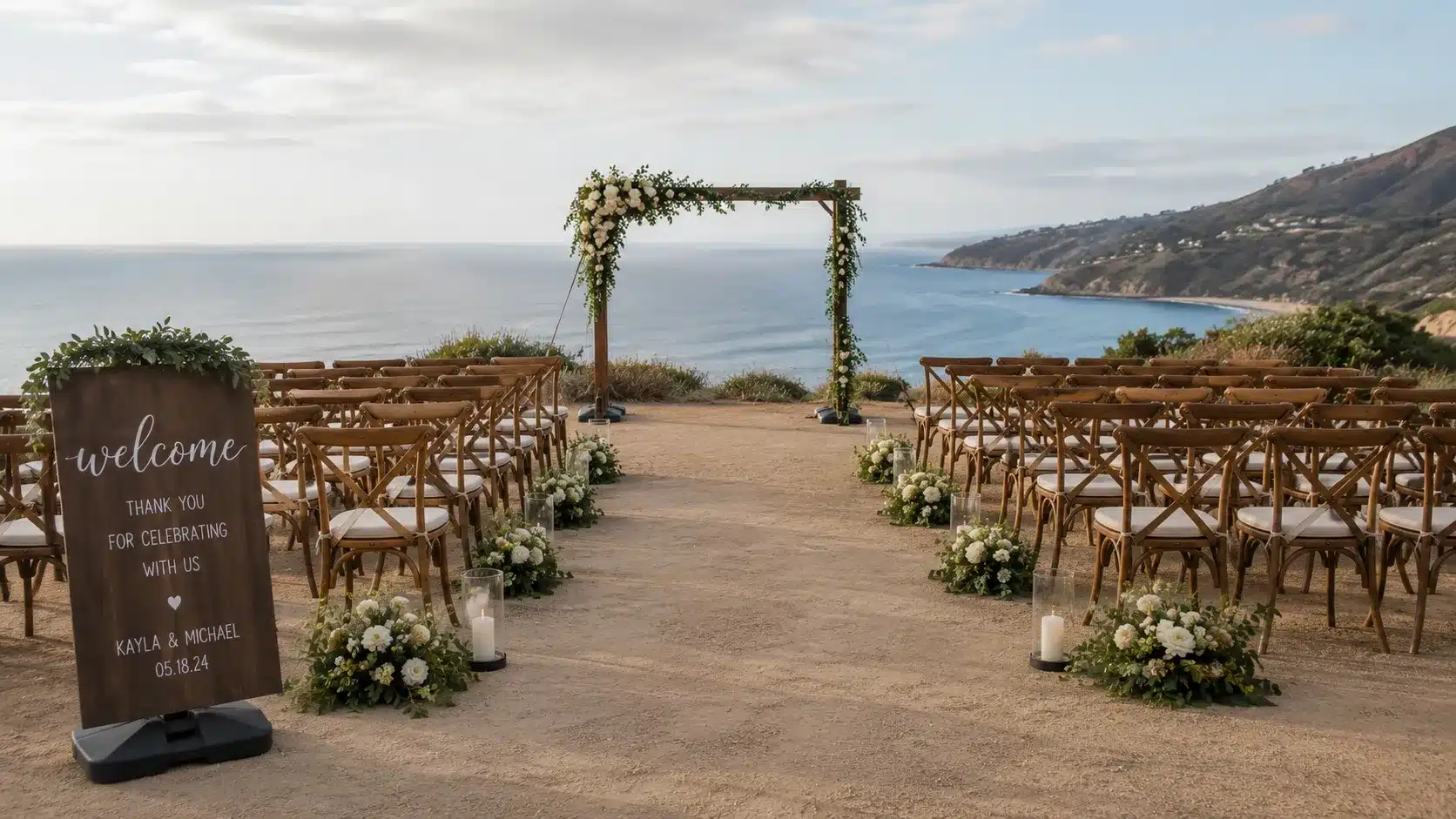 rustic outdoor wedding ceremony setup with wooden chairs, floral arch, aisle decor, candles, outdoor wedding ideas