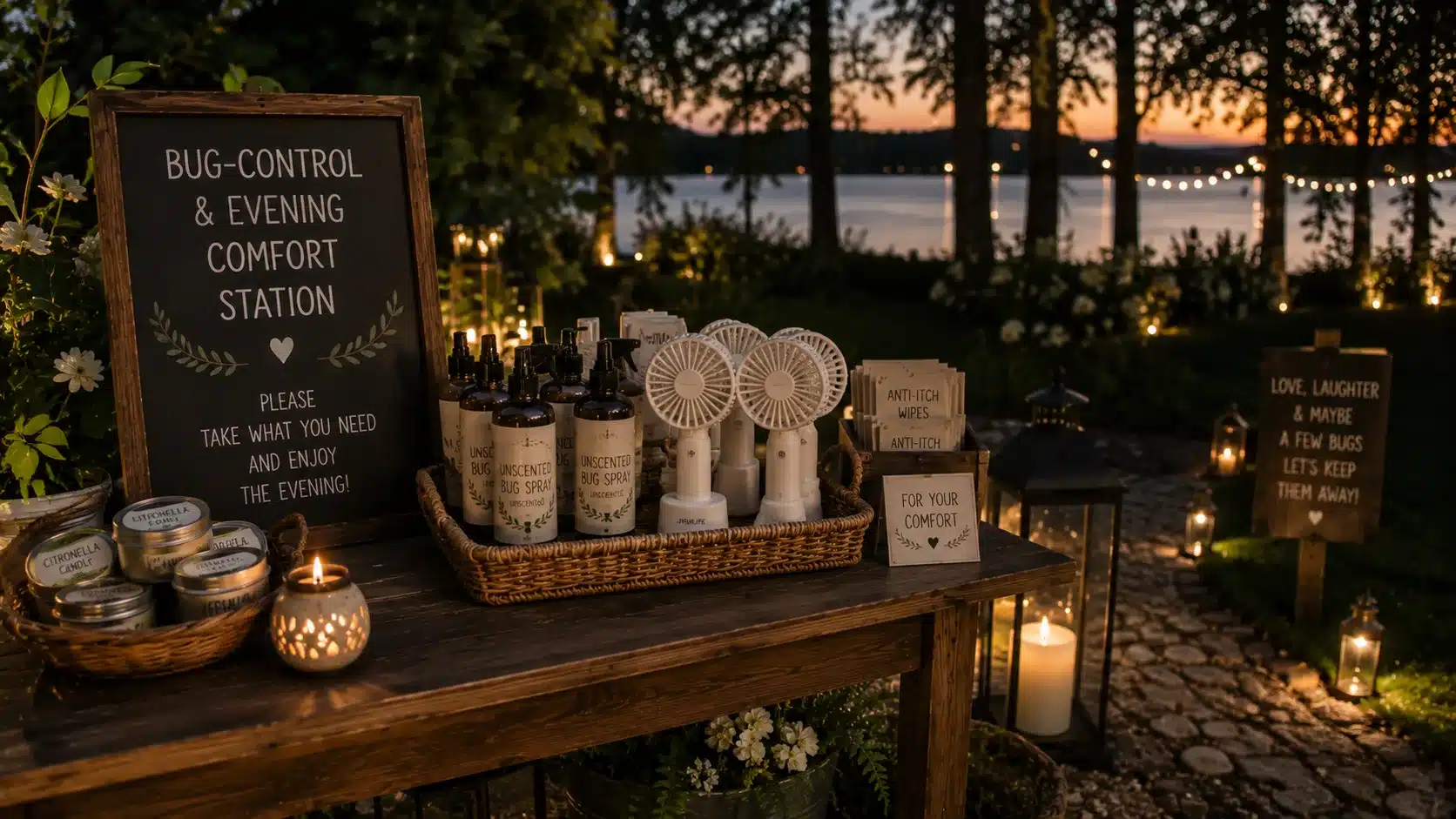 rustic outdoor wedding setup with blankets, drinks, candles, under string lights and trees, outdoor wedding ideas