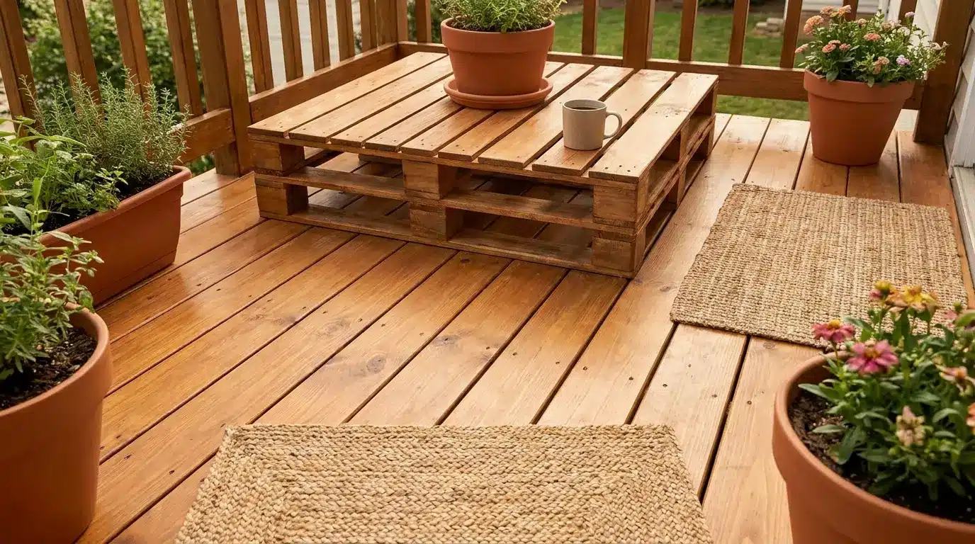 rustic small deck with sealed pallet wood plank flooring woven rug and terracotta planters