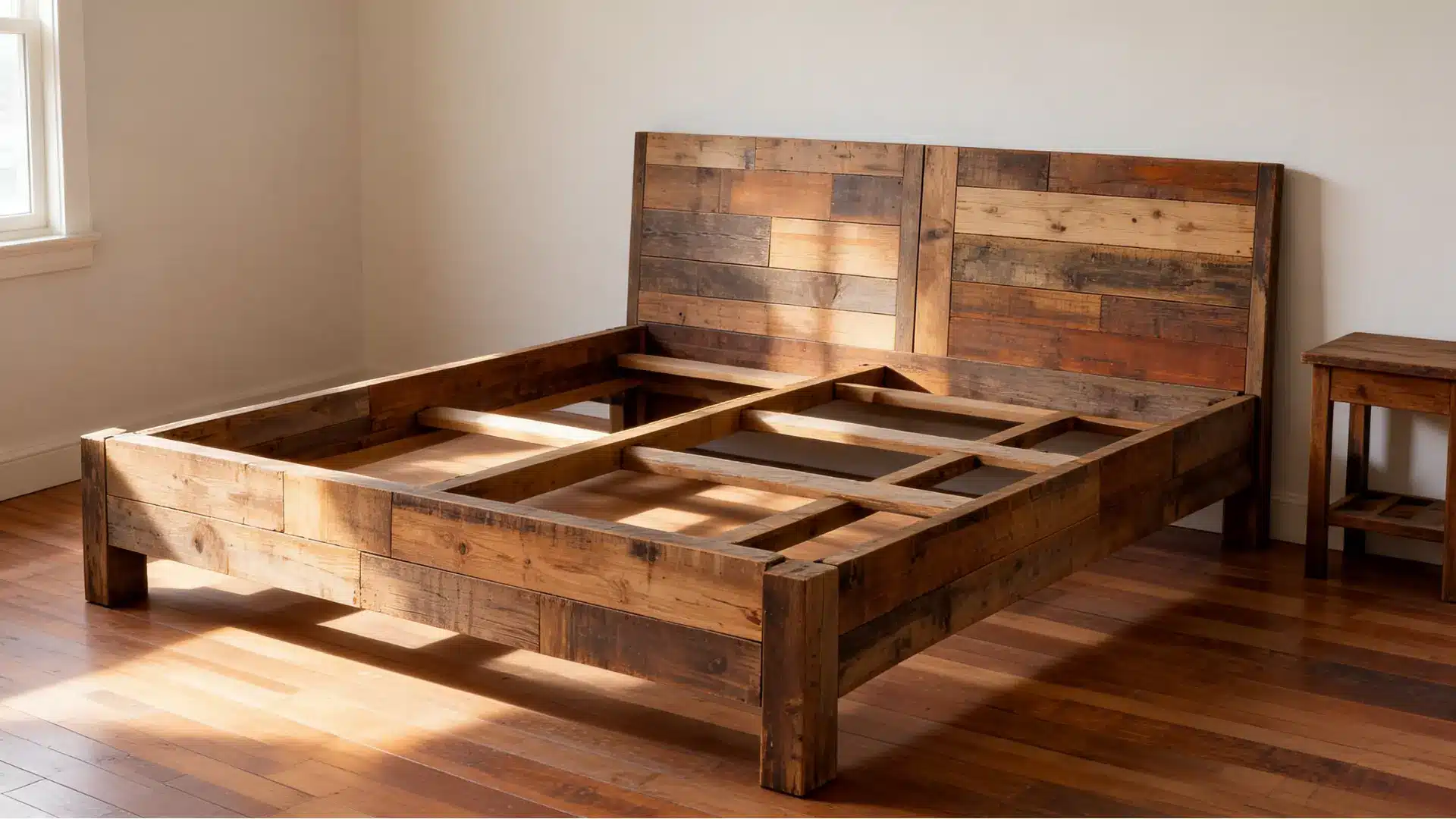 Rustic reclaimed wood bed frame made from sanded salvaged boards in a warm bedroom