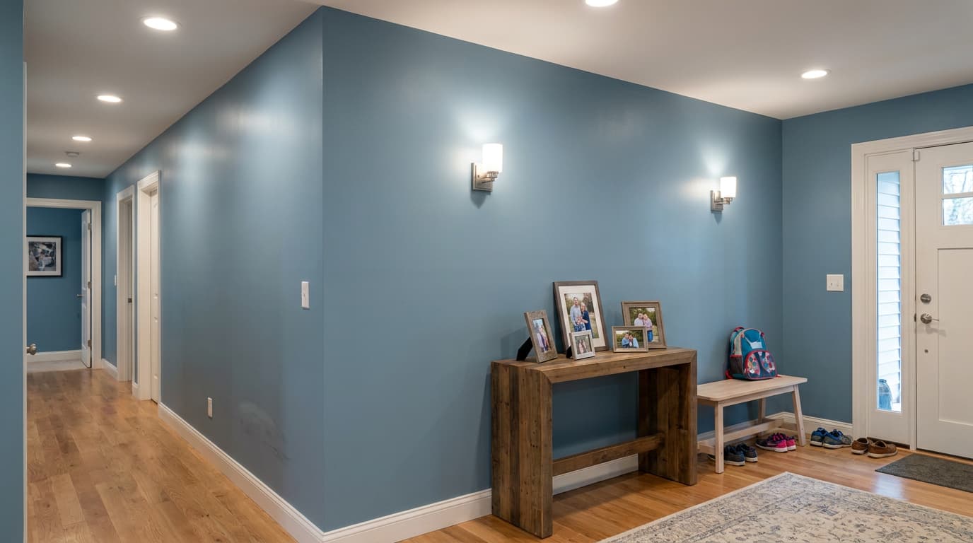 satin dusty blue wall with smooth sealed texture and soft reflection in a clean hallway