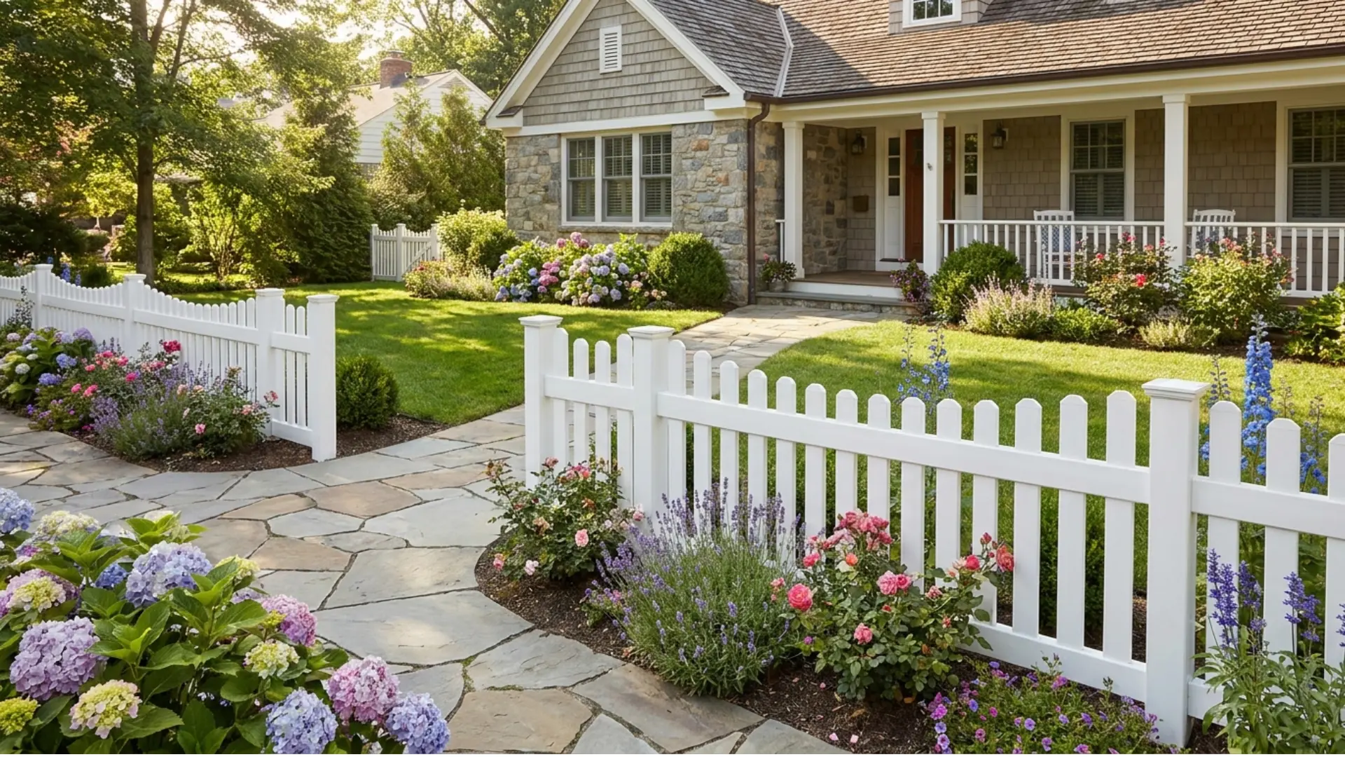 scalloped picket fence around a cottage garden with flowers, sunlight, airflow, and a polished decorative edge