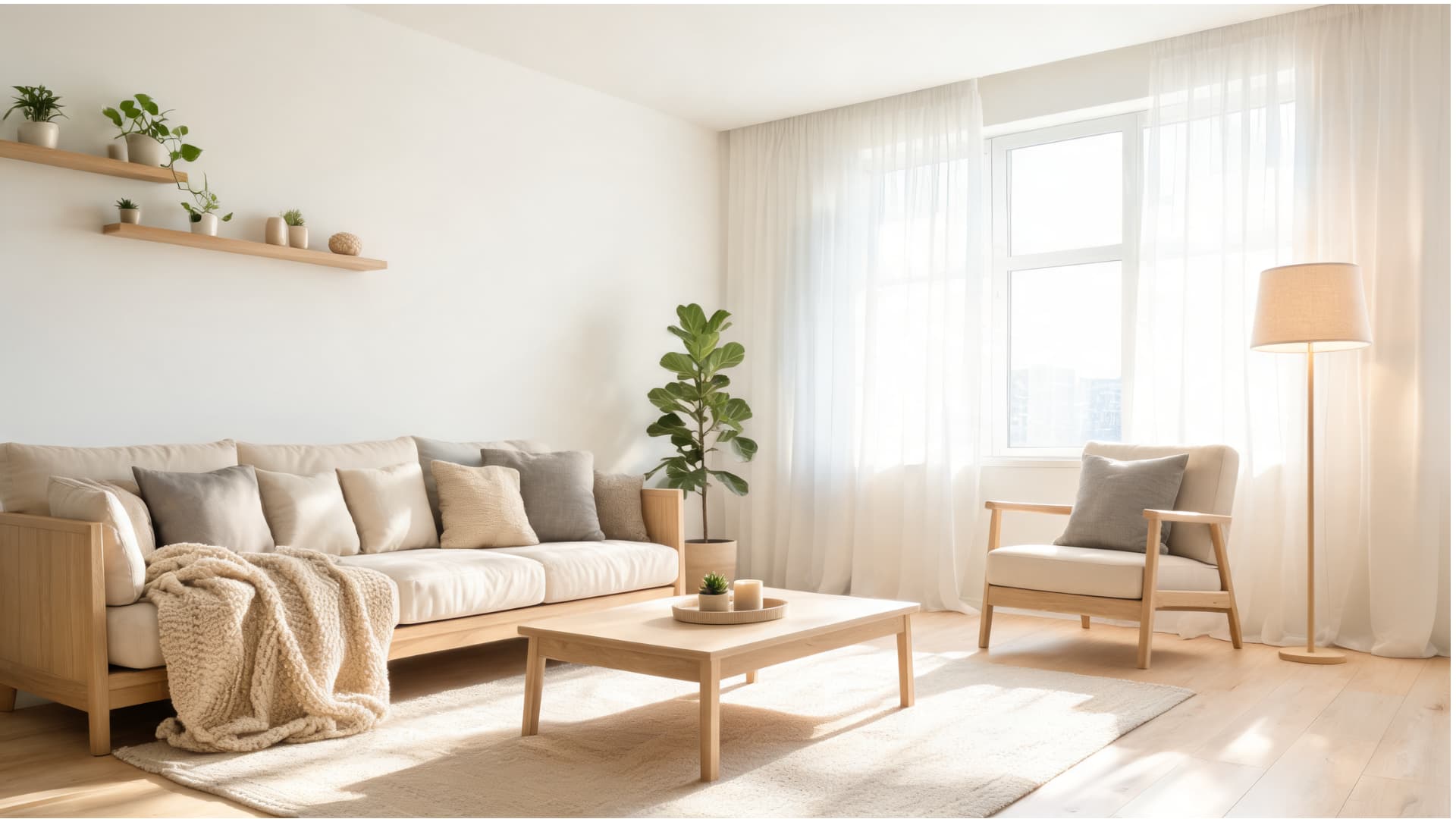 scandinavian living room with pale wood, soft textiles, plants, sheer curtains, and bright natural light