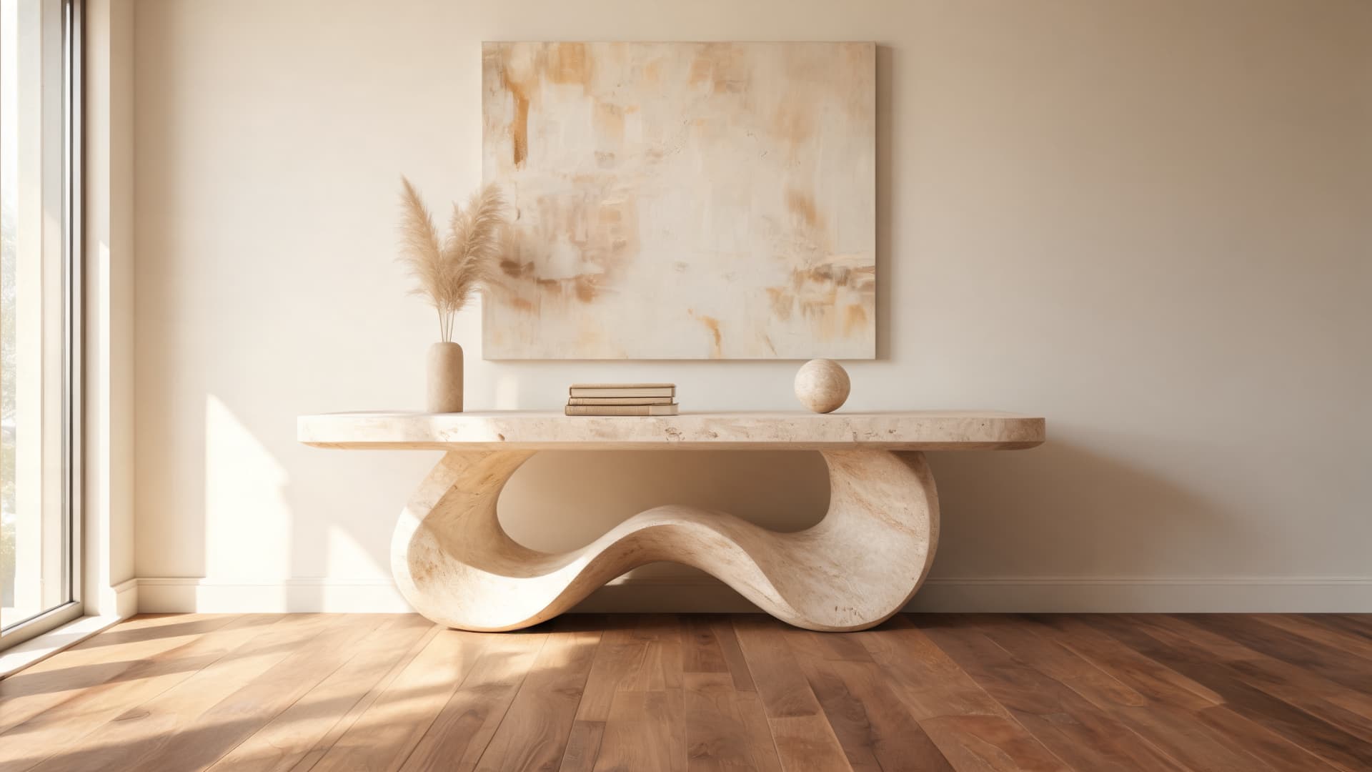 sculptural stone console table with wave base, abstract wall art, pampas vase, and warm sunlight