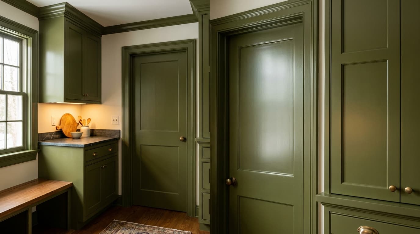 semi gloss olive green trim with dense smooth paint and bright reflection beside a soft wall
