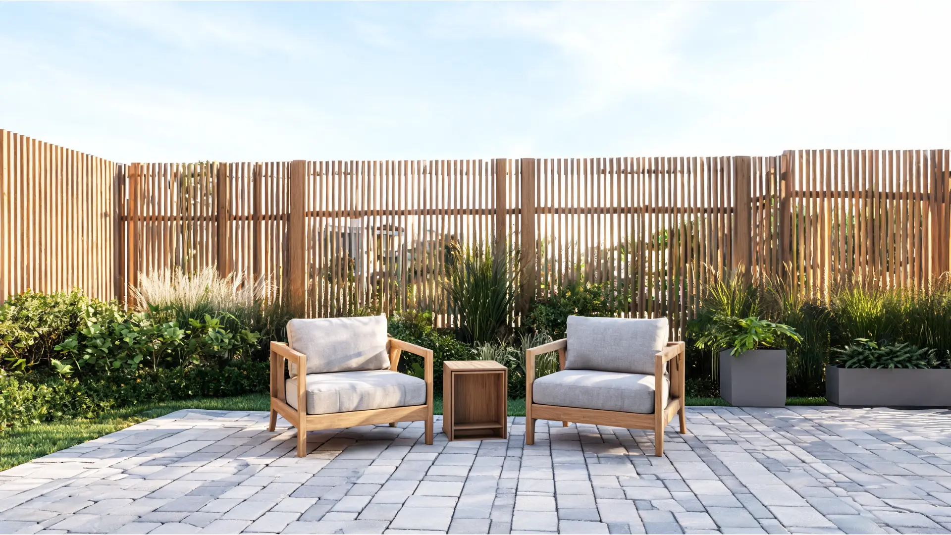 semi-open wood slat fence with airy spacing, modern lines, and plants in a compact backyard setting