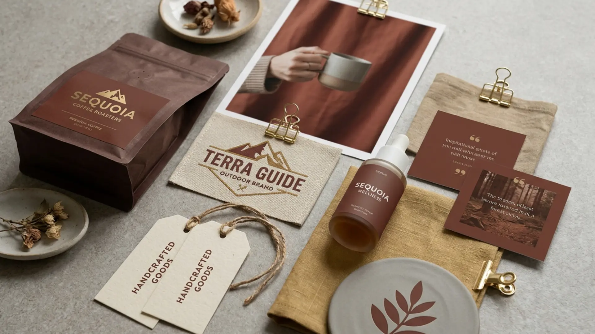 Sequoia branding with warm reddish-brown packaging, labels, neutrals, and muted gold