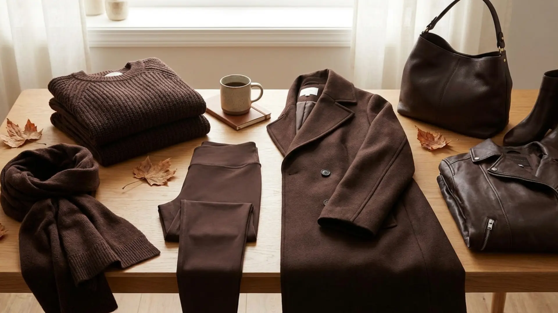 Sequoia fashion with dark chocolate brown clothing, boots, knitwear, and neutral pairings