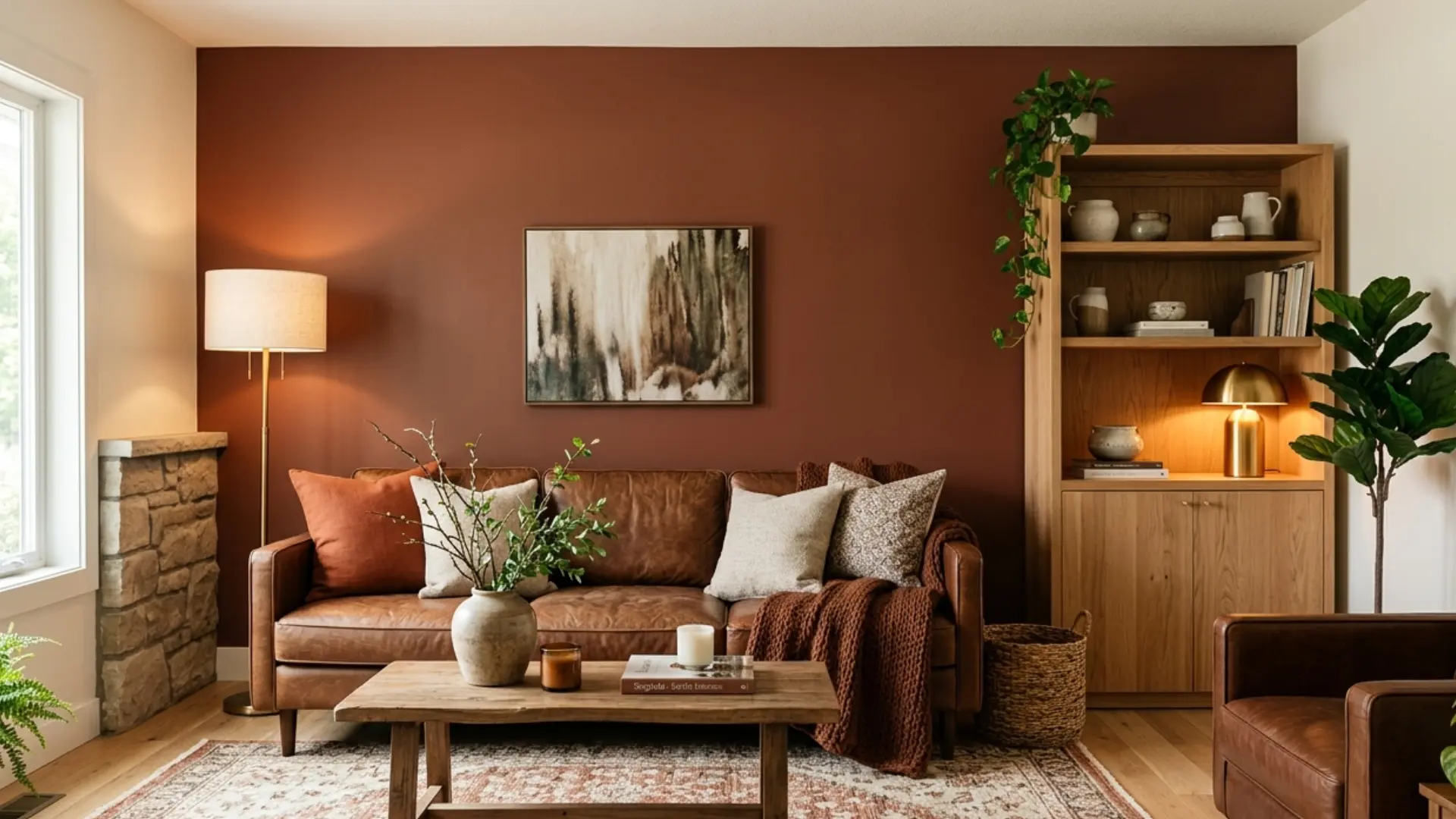Sequoia interior design with warm reddish-brown decor, wood finishes, and soft neutral styling
