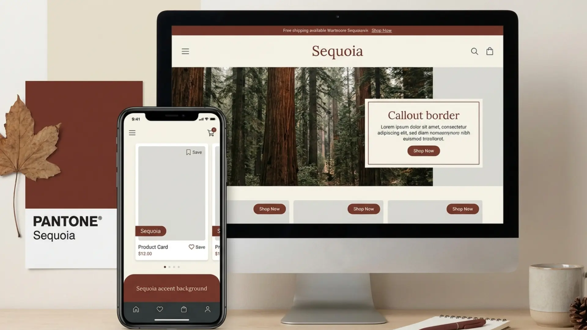 Sequoia web design with buttons, banners, UI cards, and warm neutral digital accents