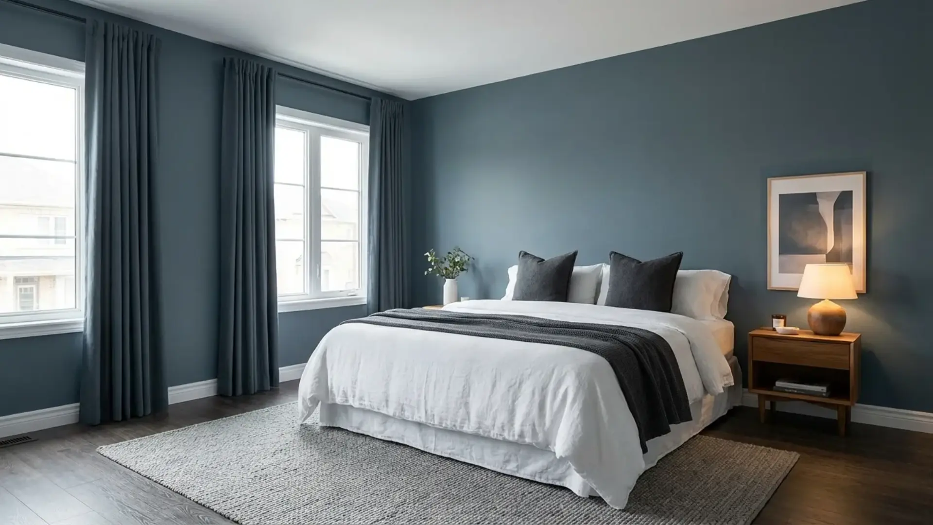 Serene bedroom with Smoky Blue SW 7604 walls, white bedding, grey curtains and warm wooden nightstand