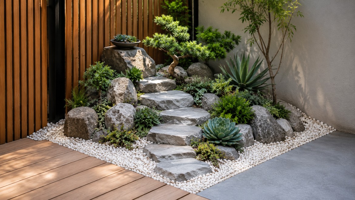 serene japanese-inspired garden with a stone path, surrounded by rocks, lush greenery, and small trees