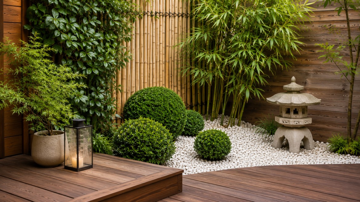 serene Japanese garden with neatly trimmed shrubs, bamboo, a stone lantern, and a wooden deck