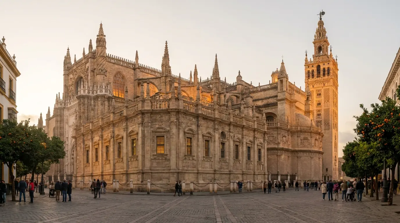 seville cathedral gothic exterior with la giralda tower and glowing windows