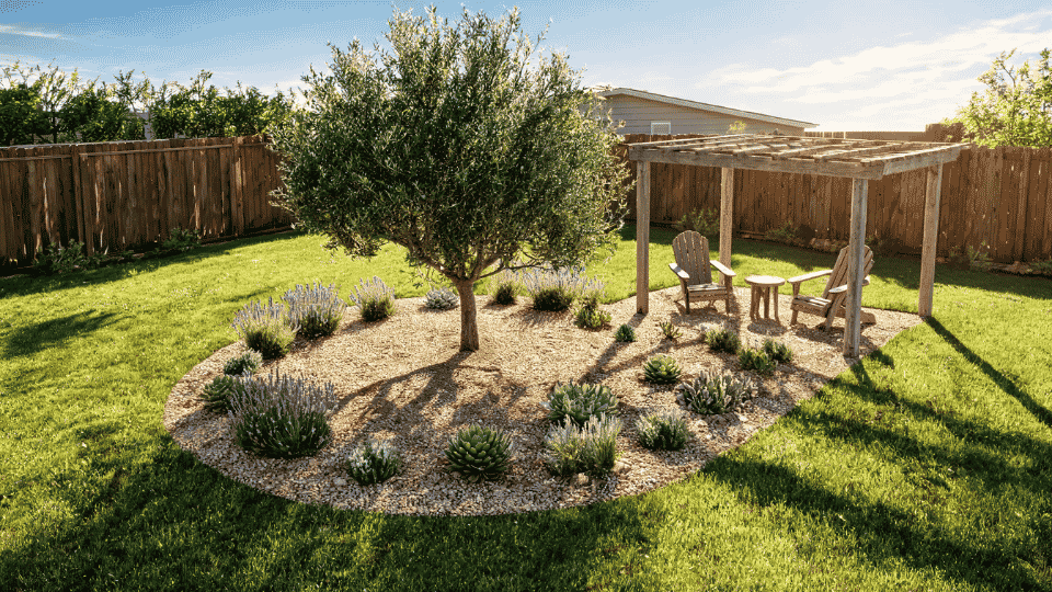 shade island around small tree with gravel, low water plants and soft elevated garden view in yard