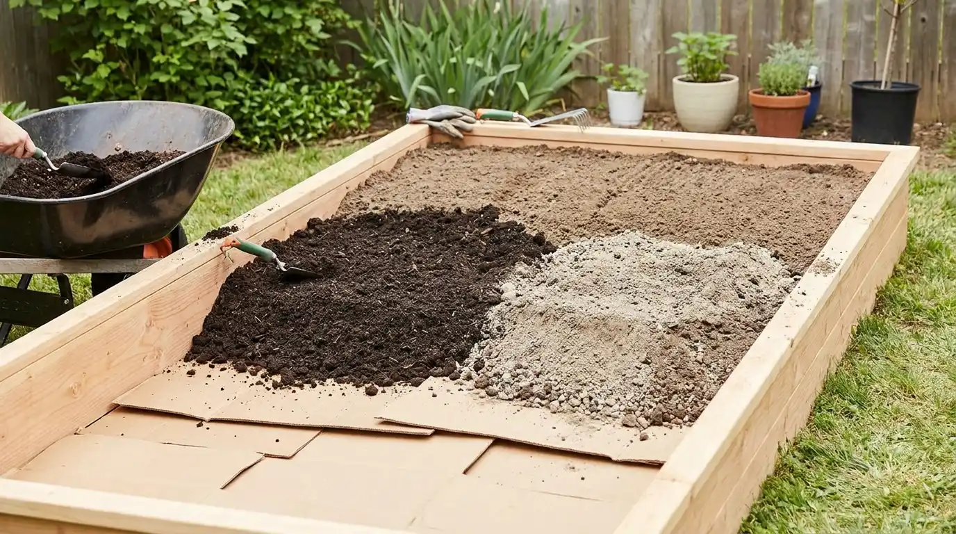 shallow raised garden bed with cardboard compost and topsoil layers ready for planting