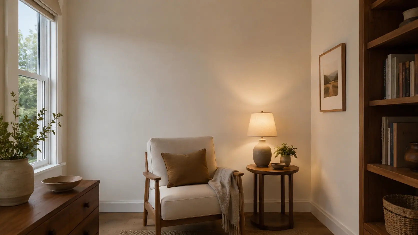 shoji white walls in a cozy room showing how the color shifts from cool daylight to warm evening lamp light