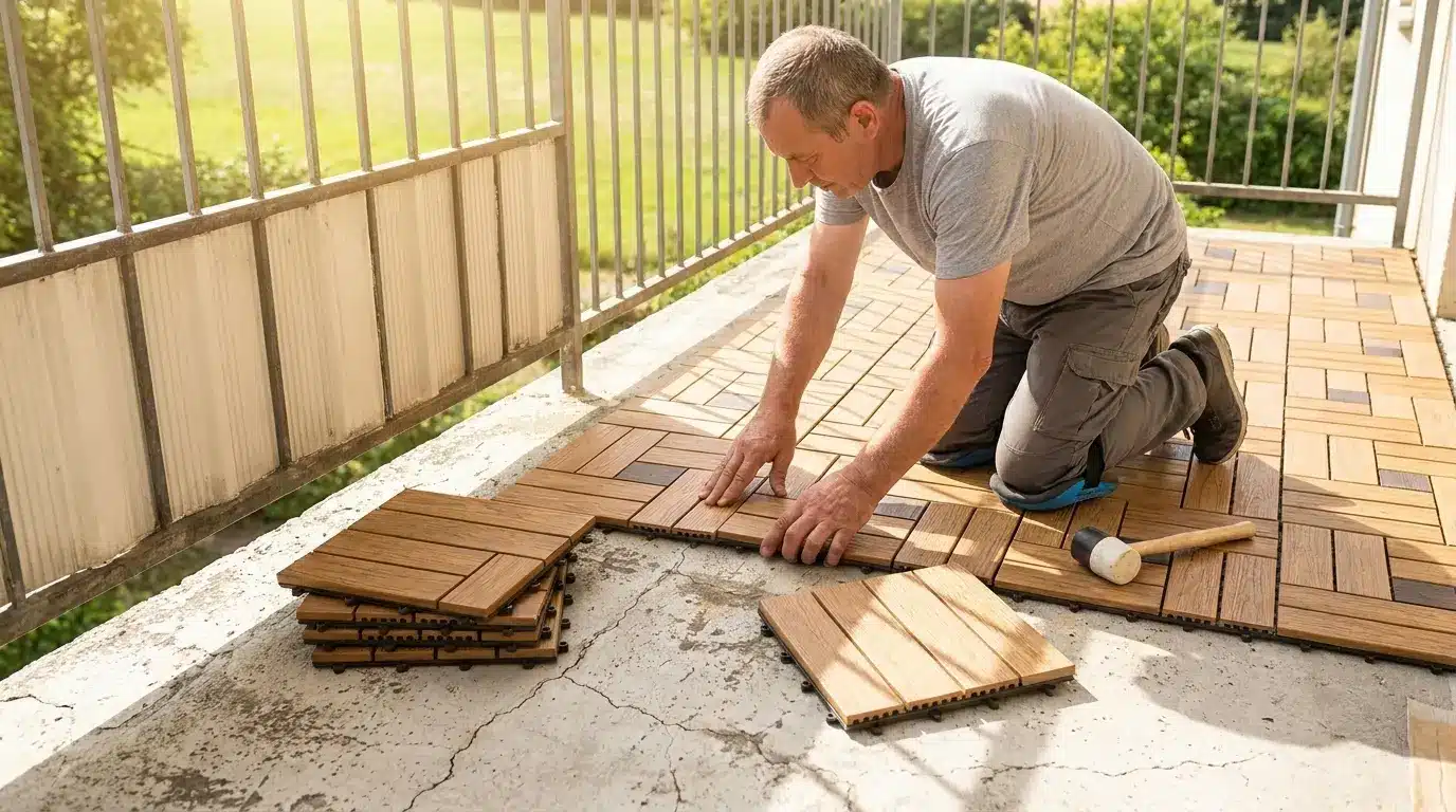 shot of snap-together deck tiles being placed over an old balcony floor with clean modern finish