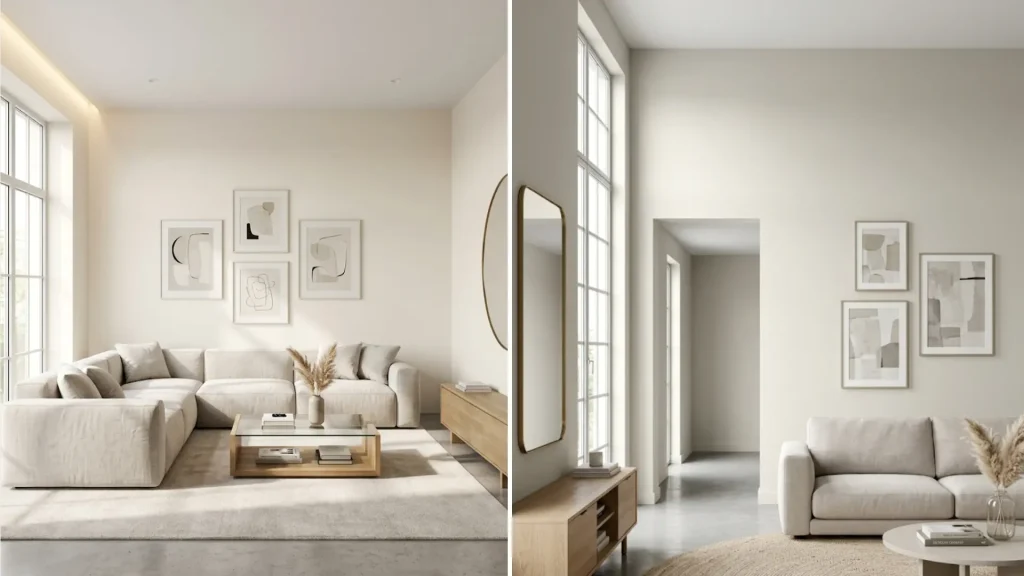side-by-side view of a creamy white living room on the left and a slightly cooler greige living room on the right