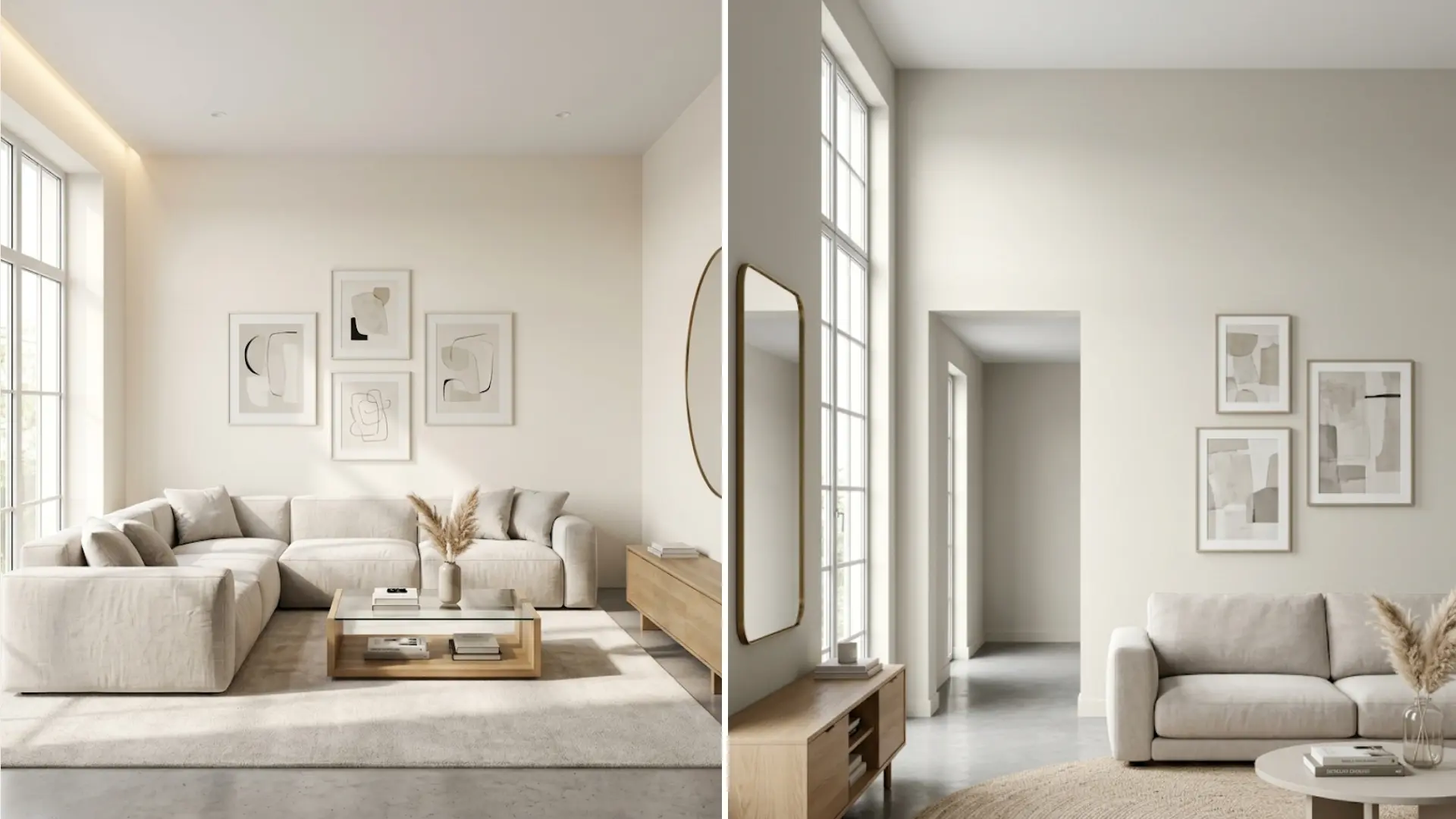 side-by-side view of a creamy white living room on the left and a slightly cooler greige living room on the right
