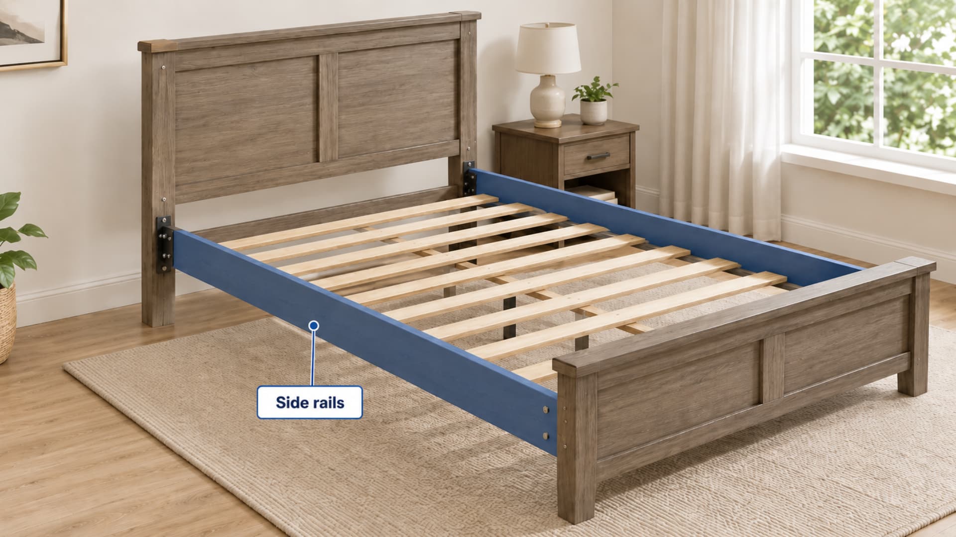 wooden bed frame with blue side rails highlighted and labeled in a bright neutral bedroom setting