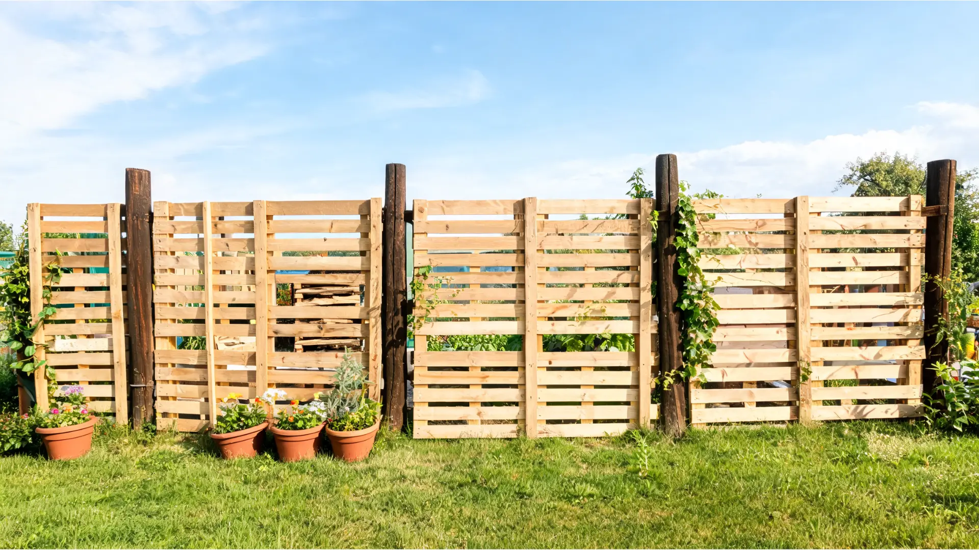 simple pallet fence made from whole wood pallets with rustic garden styling and a budget-friendly backyard look