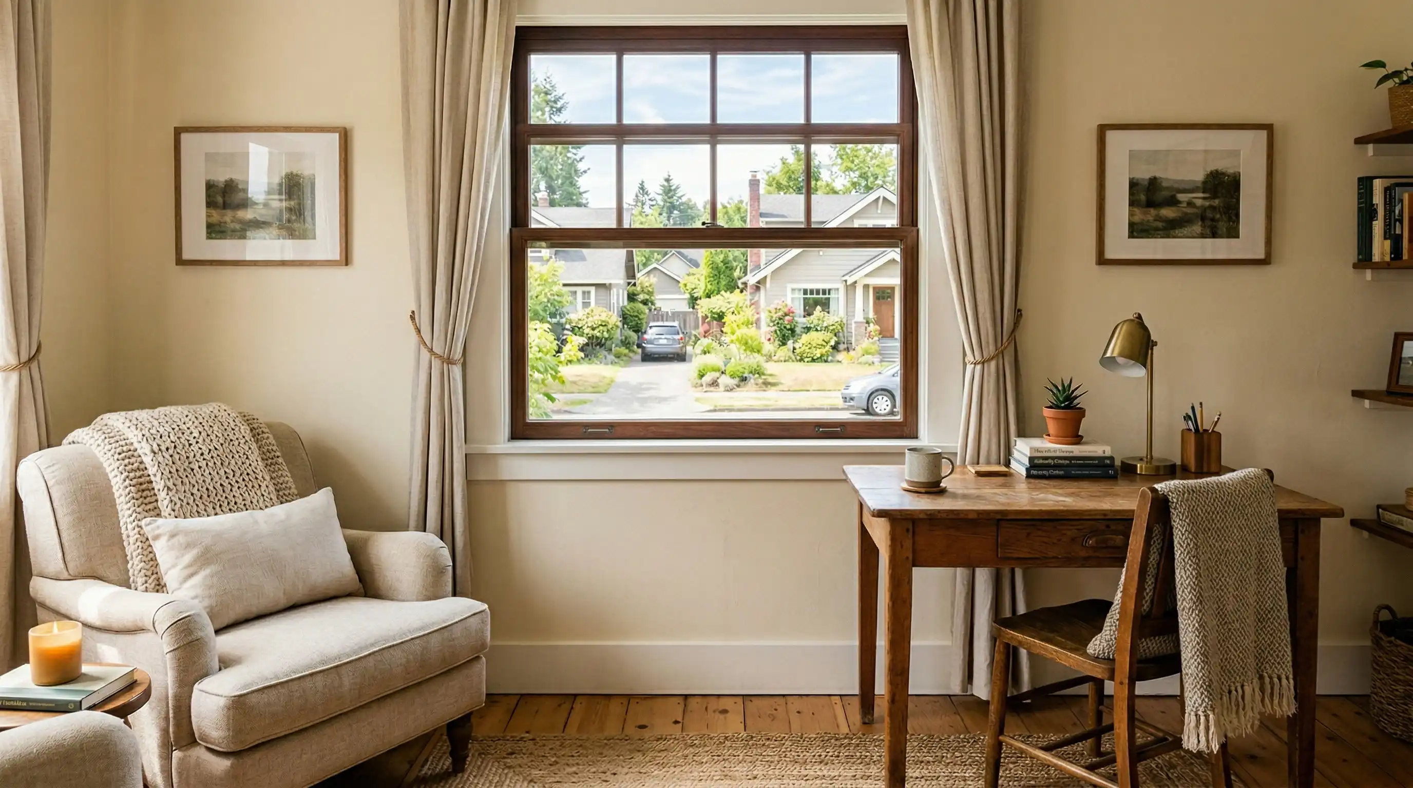 simple single hung window in a cozy living room, natural light coming through a quiet street view (2)