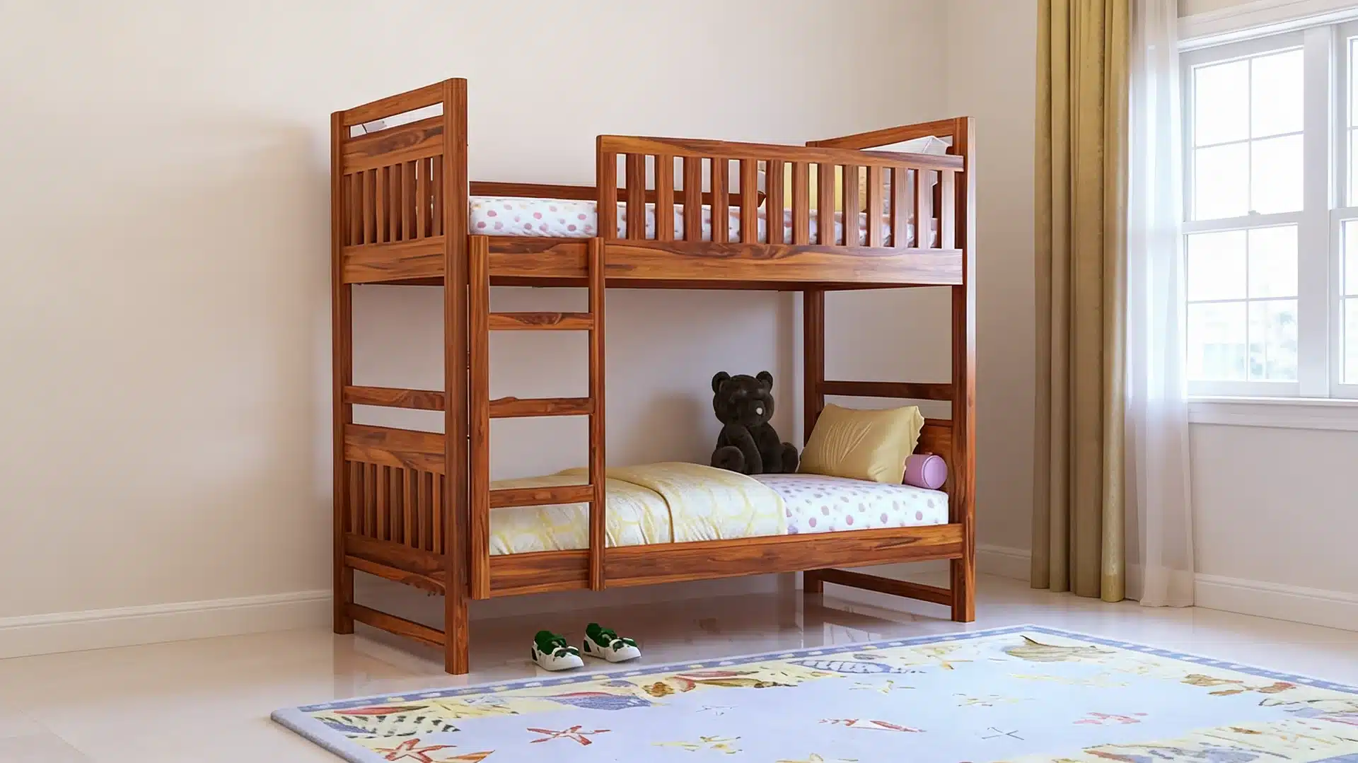 simple twin over twin bunk bed in a kids bedroom with neutral bedding and open floor space