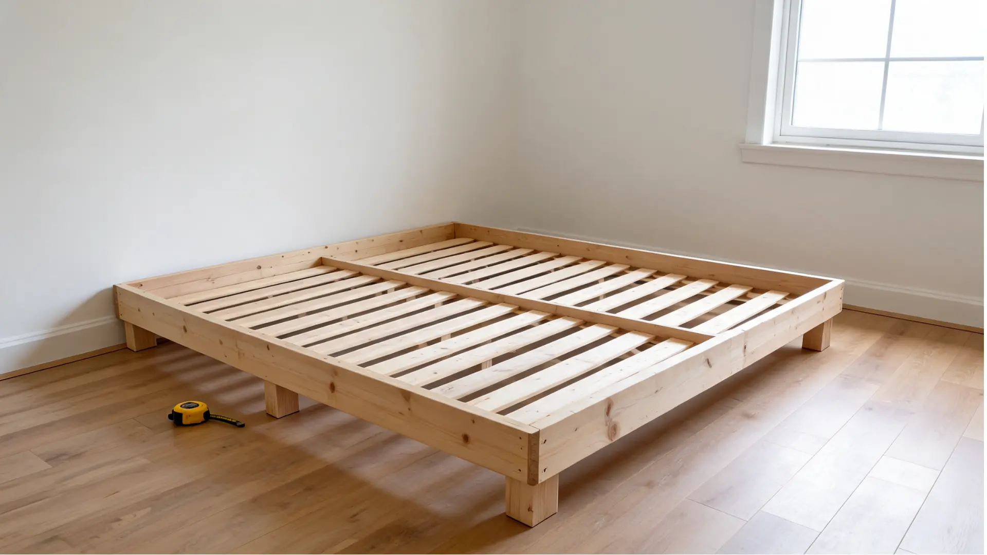 simple unfinished wooden platform bed frame with visible slats, support legs, and center beam in a bright small bedroom