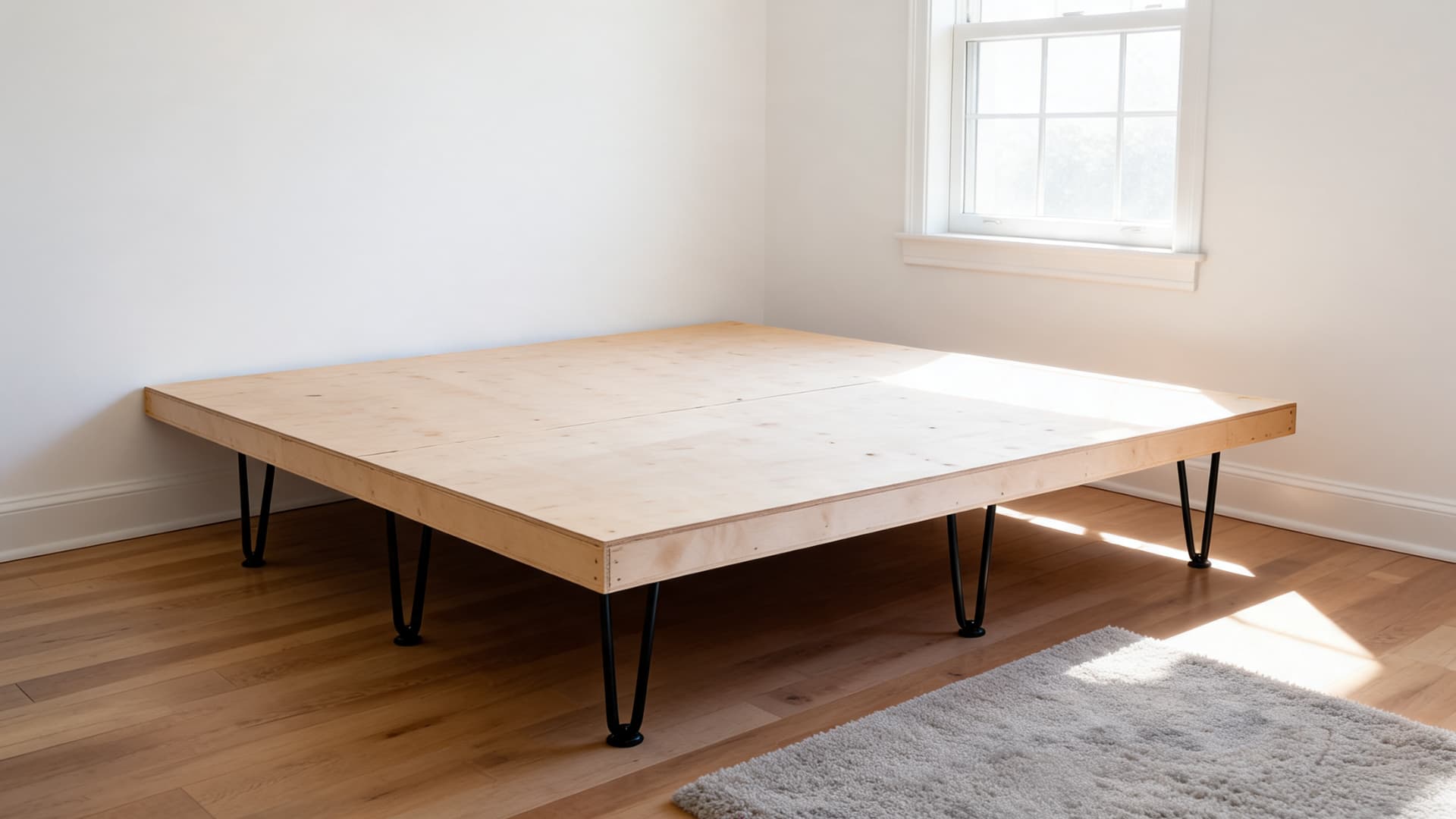 Simple wooden platform bed frame with black metal hairpin legs in a small modern bedroom.