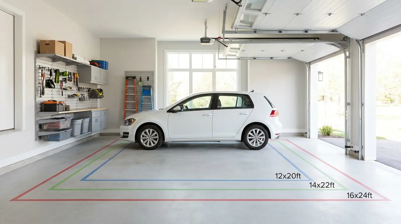 single car garage dimensions shown with one parked car and clear space for doors and walking