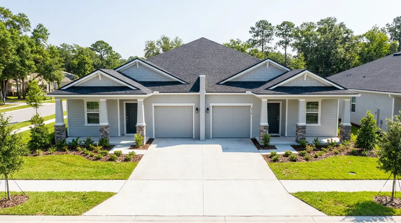 single story side by side duplex with mirrored units, separate entrances, and attached garages