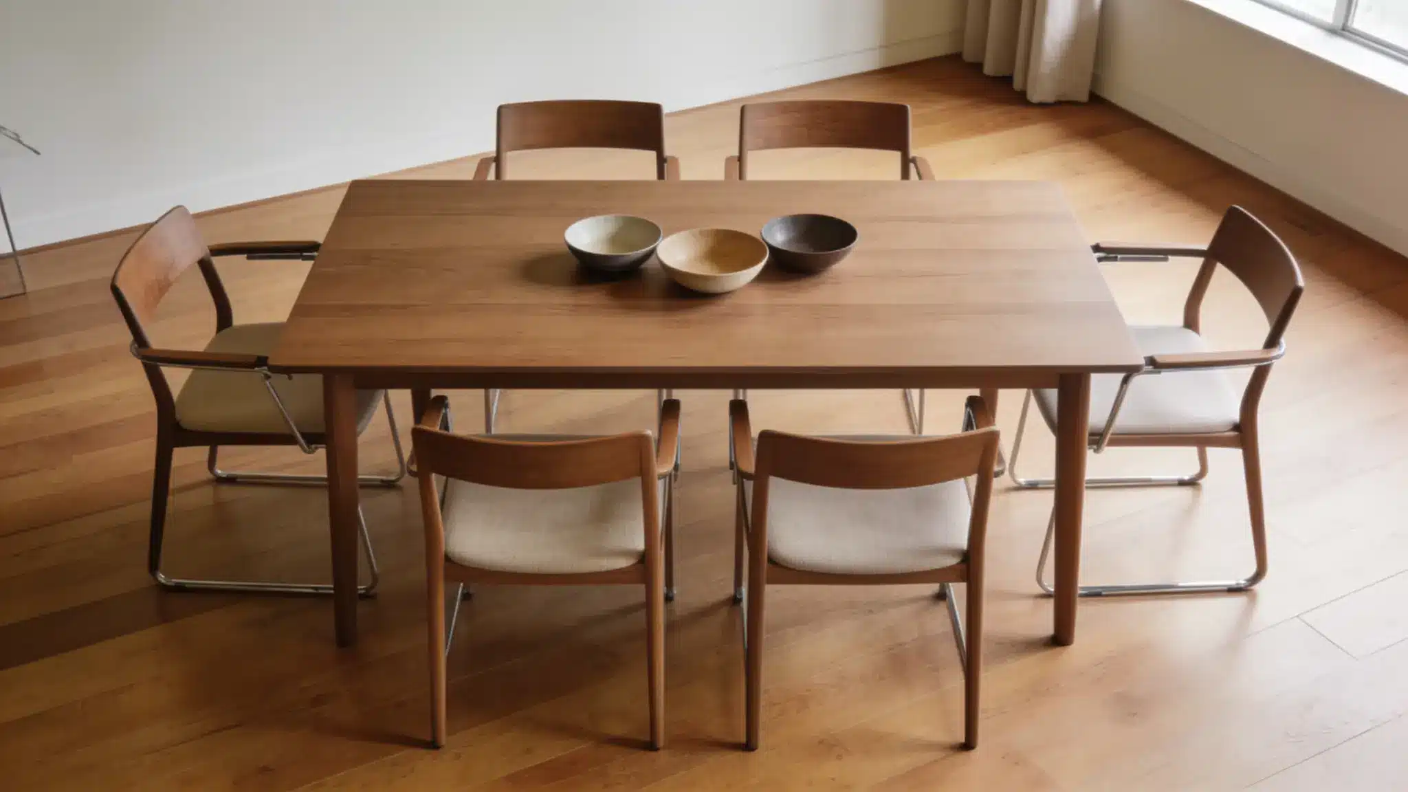 Six-person dining table in a medium dining room with slim chairs